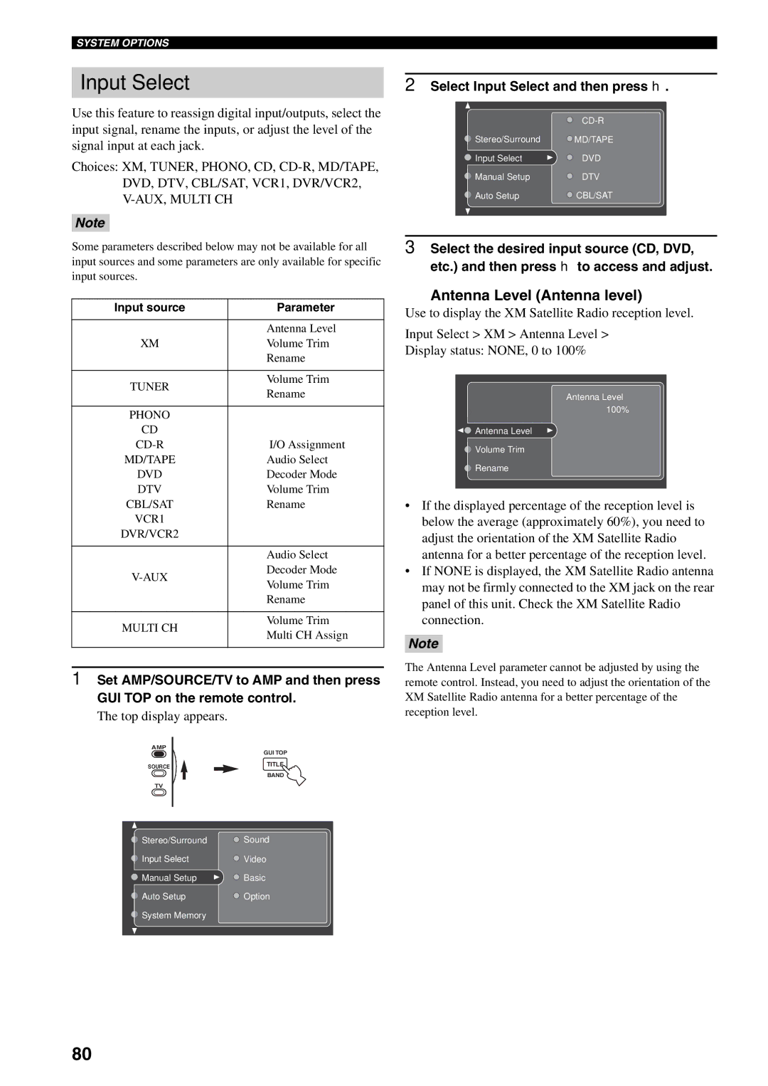 Yamaha X-V2600 owner manual Antenna Level Antenna level, Select Input Select and then press h 