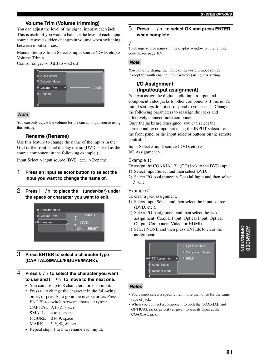 Yamaha X-V2600 owner manual Volume Trim Volume trimming, Rename Rename, Assignment Input/output assignment 