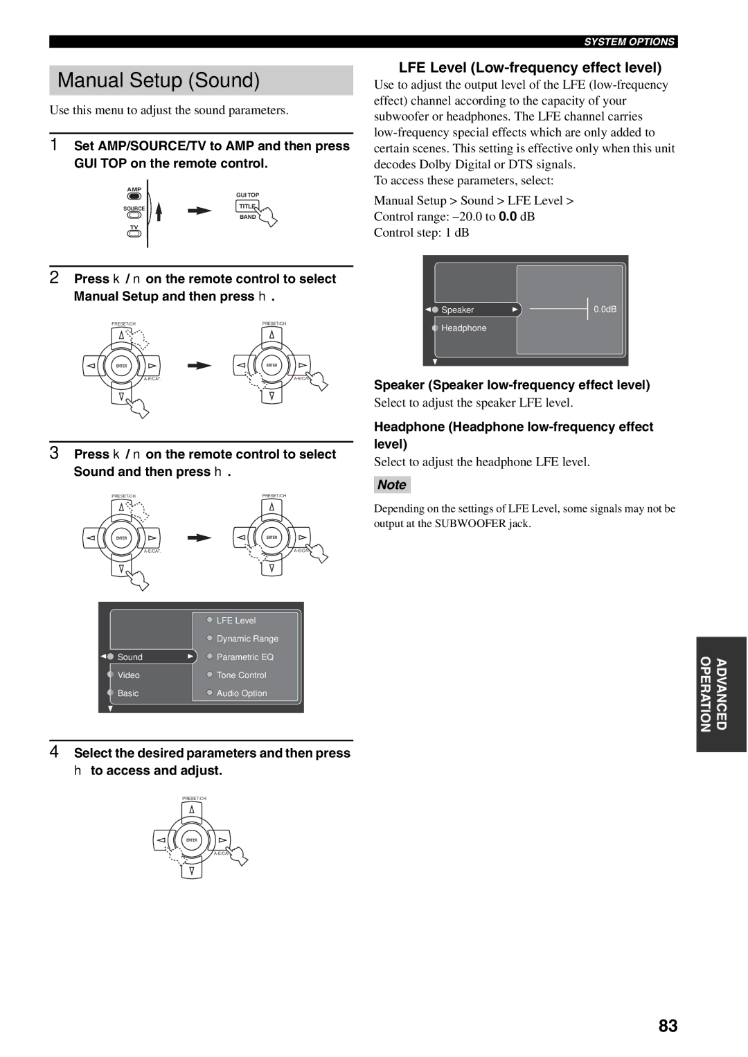 Yamaha X-V2600 Manual Setup Sound, LFE Level Low-frequency effect level, Speaker Speaker low-frequency effect level 