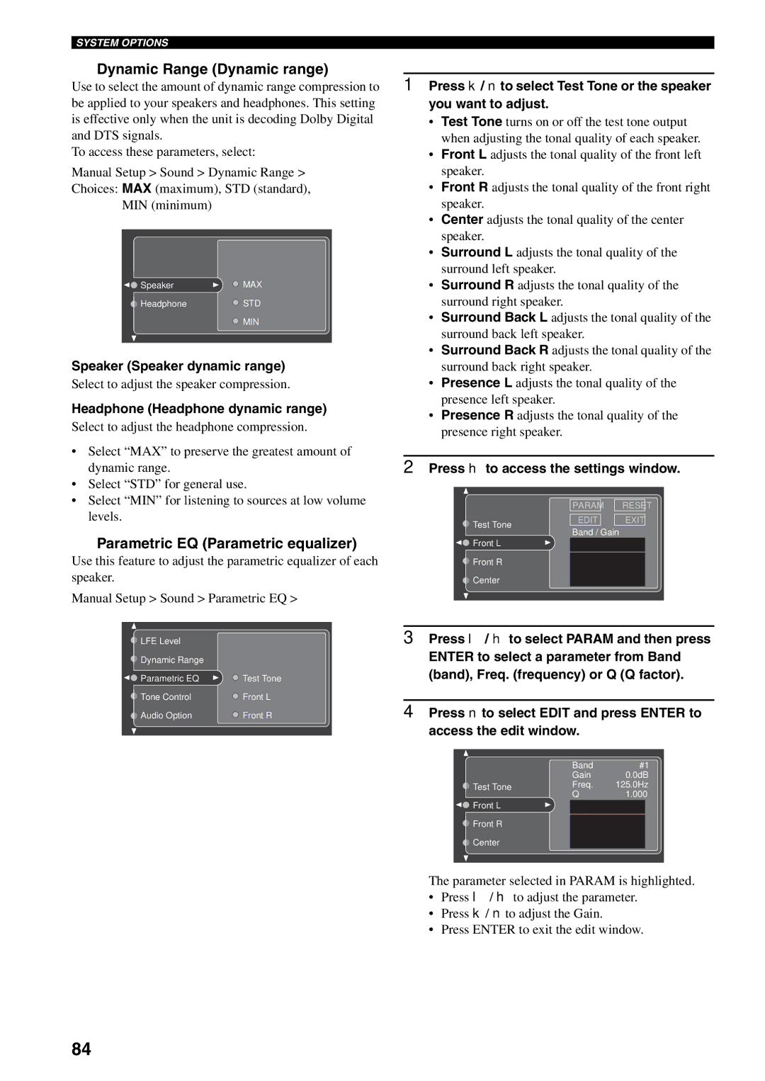 Yamaha X-V2600 owner manual Dynamic Range Dynamic range, Parametric EQ Parametric equalizer, Speaker Speaker dynamic range 