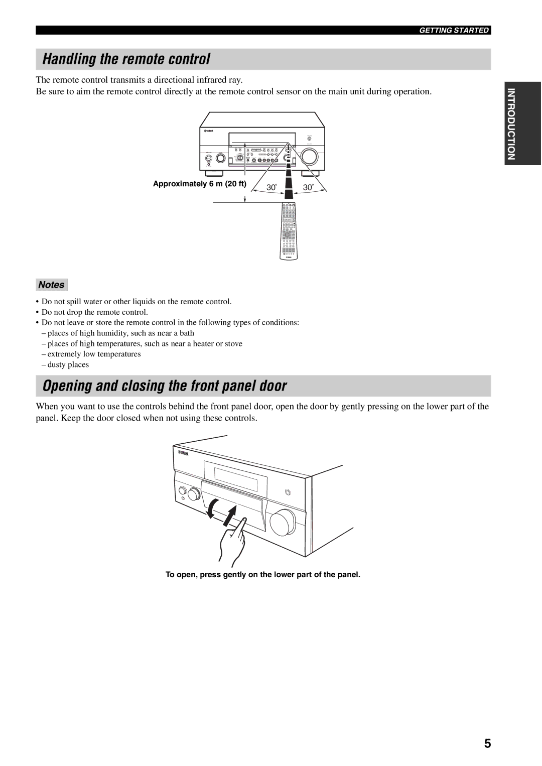 Yamaha X-V2600 owner manual Handling the remote control, Opening and closing the front panel door, Approximately 6 m 20 ft 