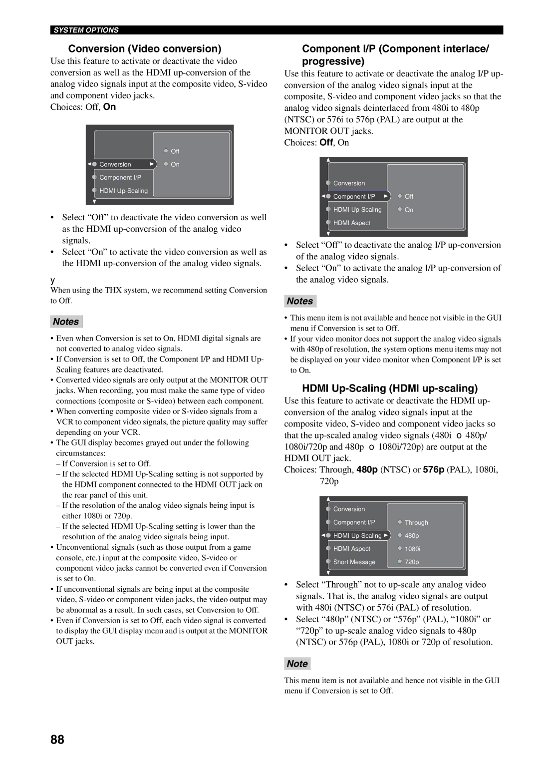 Yamaha X-V2600 Conversion Video conversion, Component I/P Component interlace Progressive, Hdmi Up-Scaling Hdmi up-scaling 