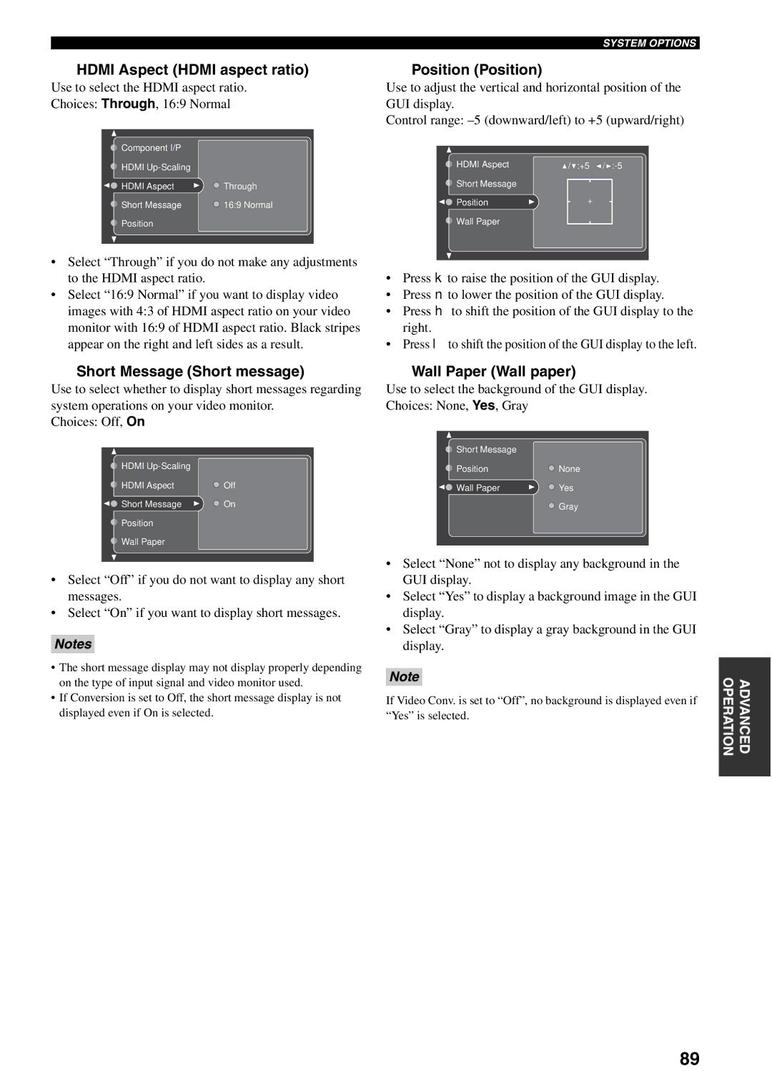 Yamaha X-V2600 Hdmi Aspect Hdmi aspect ratio, Short Message Short message, Position Position, Wall Paper Wall paper 