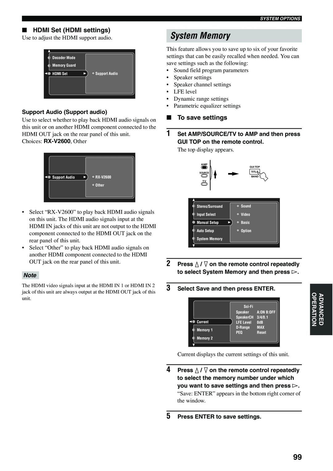 Yamaha X-V2600 owner manual System Memory, HDMI Set HDMI settings, To save settings 