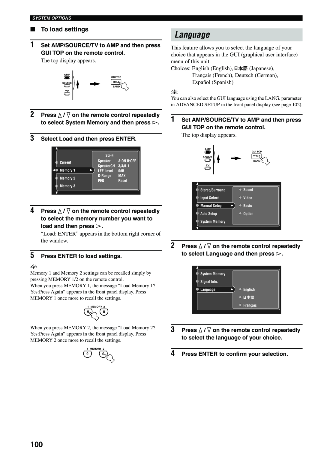 Yamaha X-V2600 owner manual Language, To load settings 