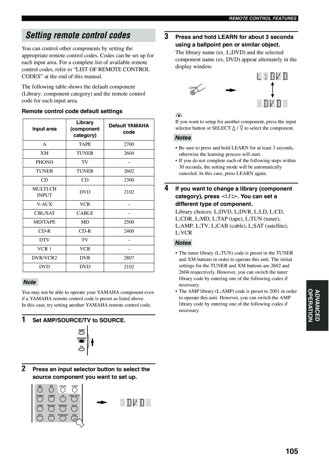 Yamaha X-V2600 owner manual Setting remote control codes, Notes 