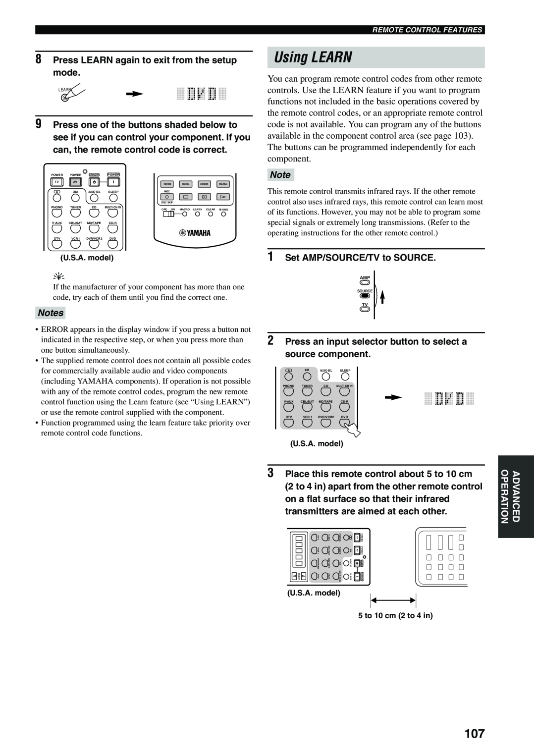 Yamaha X-V2600 owner manual Using LEARN, Notes 