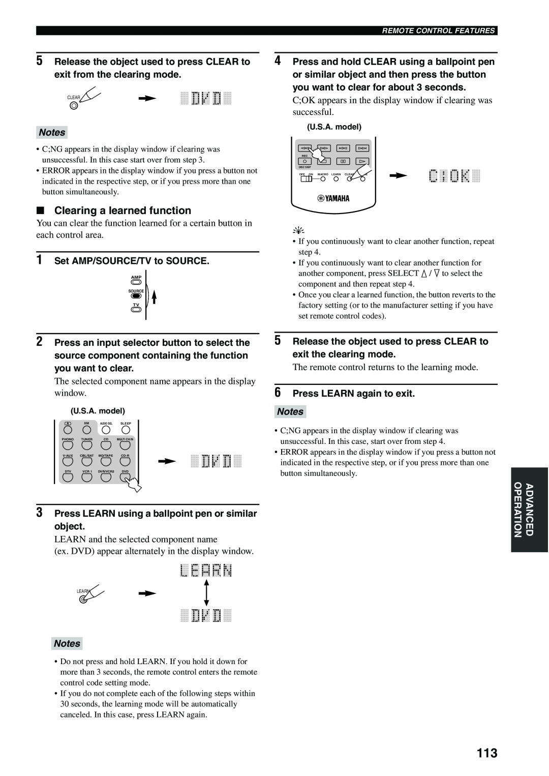 Yamaha X-V2600 owner manual Clearing a learned function, Notes 