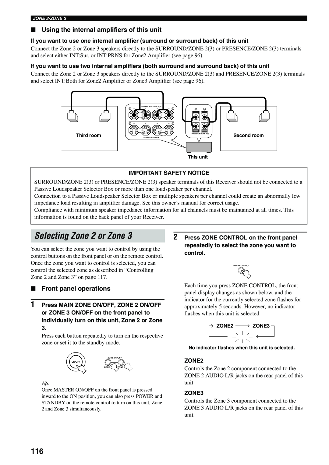 Yamaha X-V2600 owner manual Selecting Zone 2 or Zone, Using the internal amplifiers of this unit, Front panel operations 