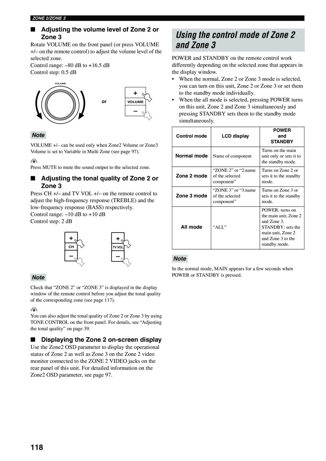 Yamaha X-V2600 owner manual Using the control mode of Zone 2 and Zone, Adjusting the volume level of Zone 2 or Zone 