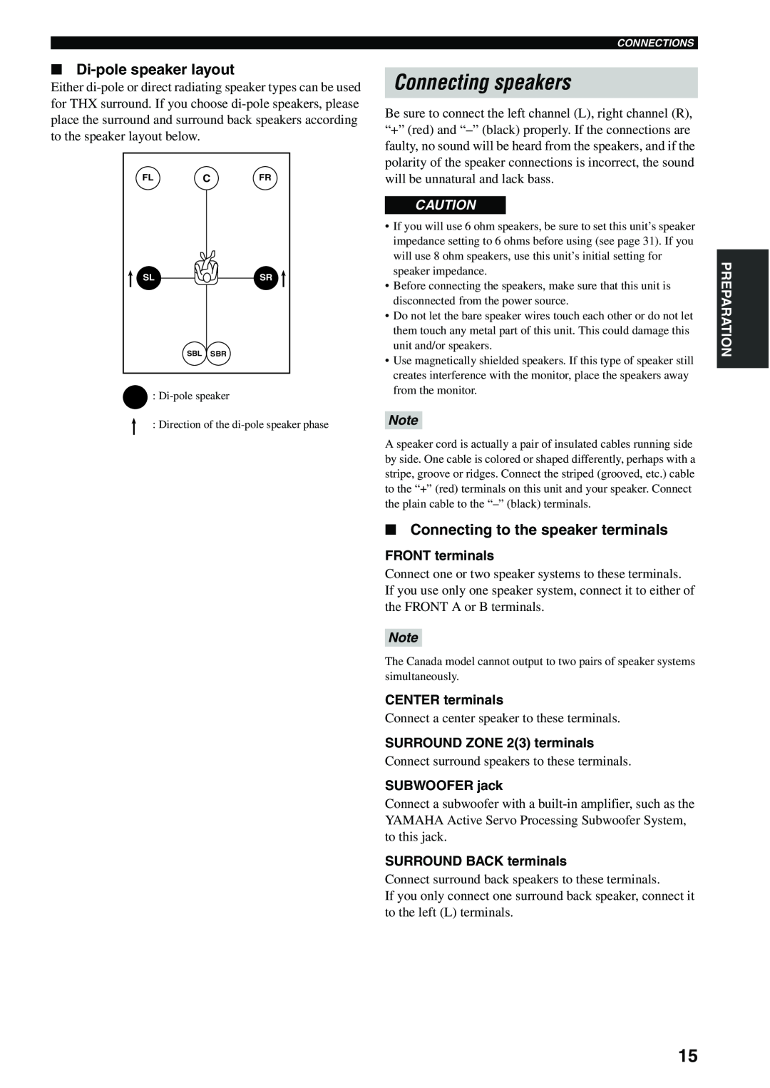 Yamaha X-V2600 owner manual Connecting speakers, Di-polespeaker layout, Connecting to the speaker terminals 