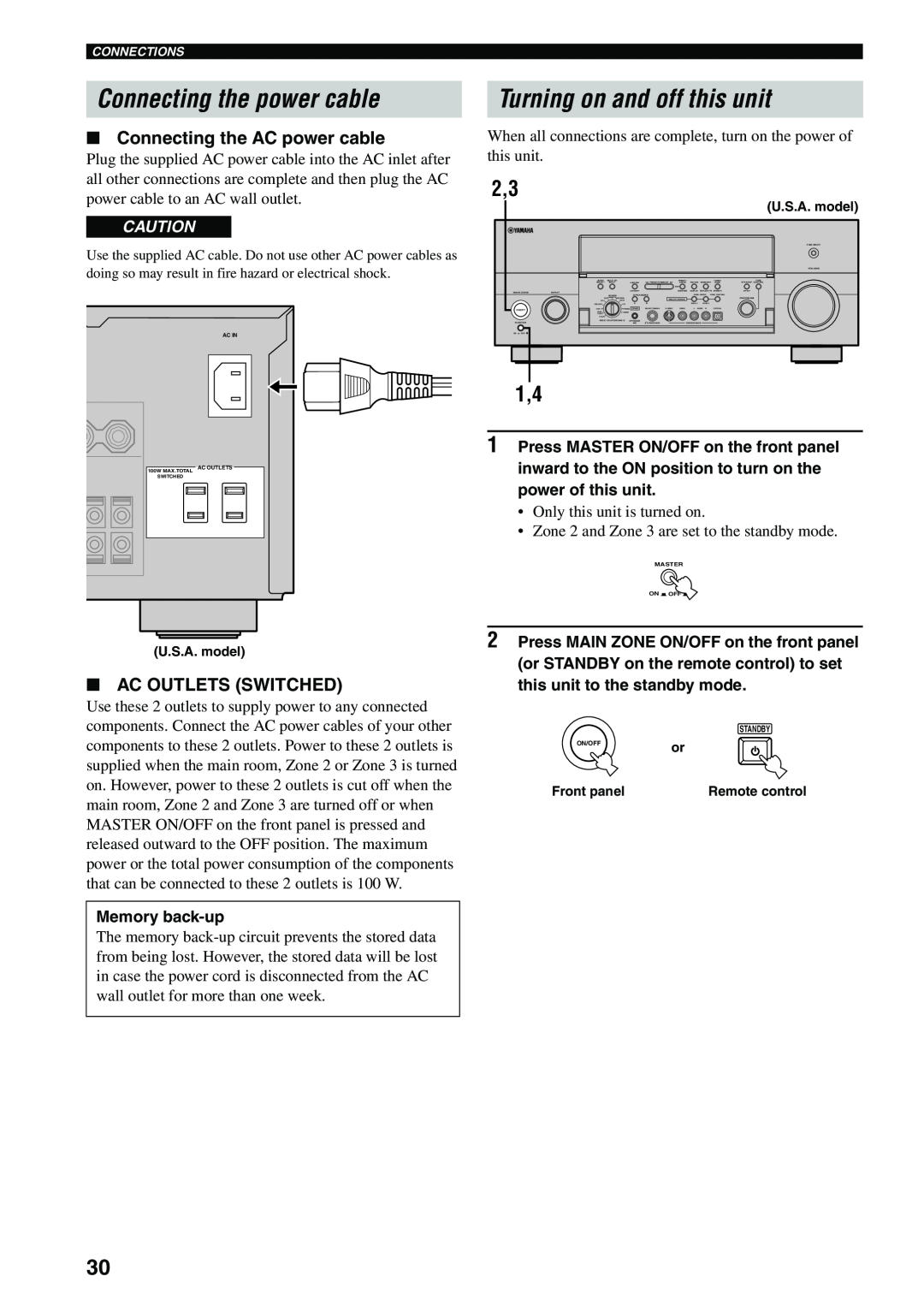 Yamaha X-V2600 owner manual Connecting the power cable, Turning on and off this unit, Connecting the AC power cable 