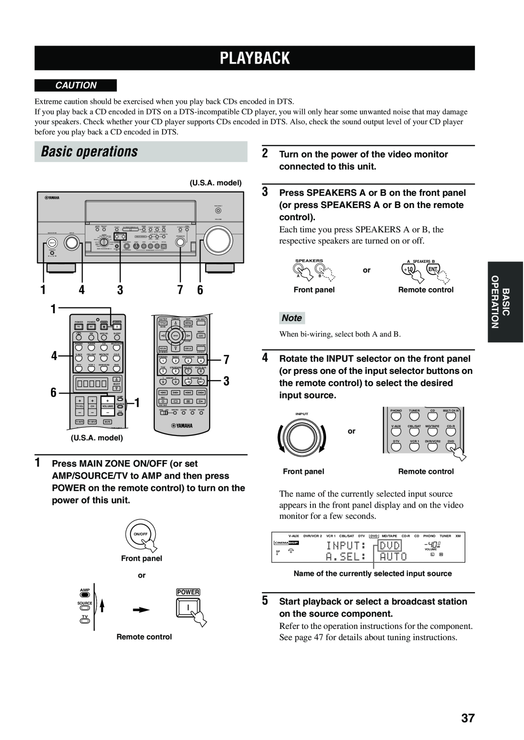 Yamaha X-V2600 owner manual Playback, Basic operations, Input, A.Sel, Auto 