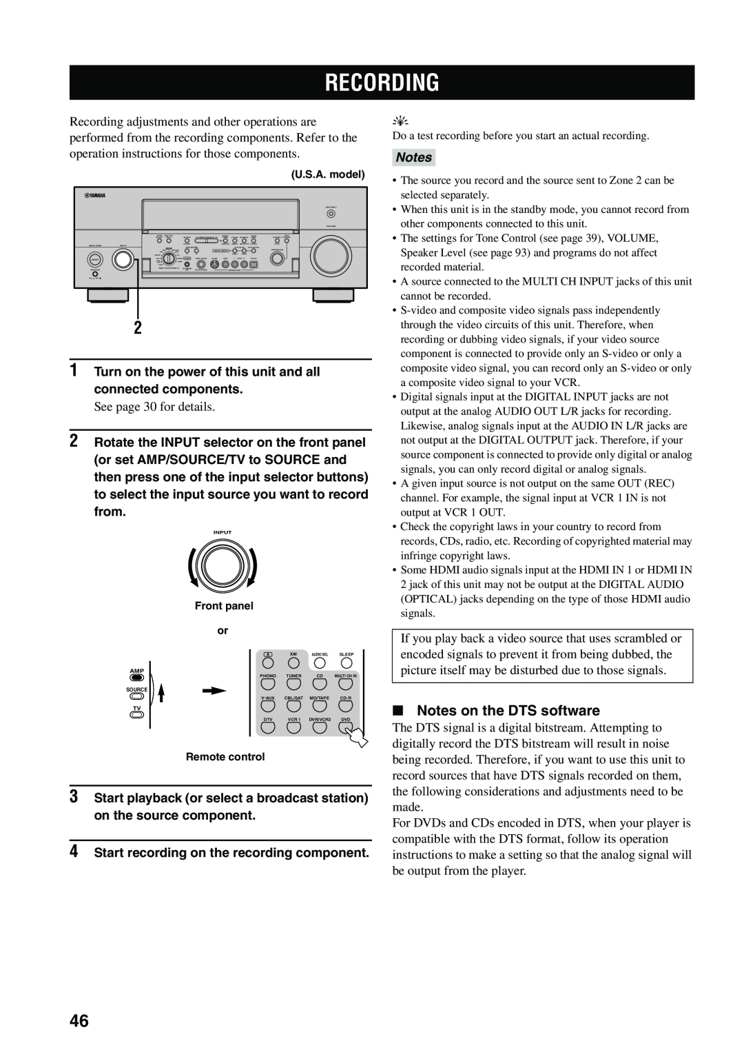 Yamaha X-V2600 owner manual Recording, Notes on the DTS software 