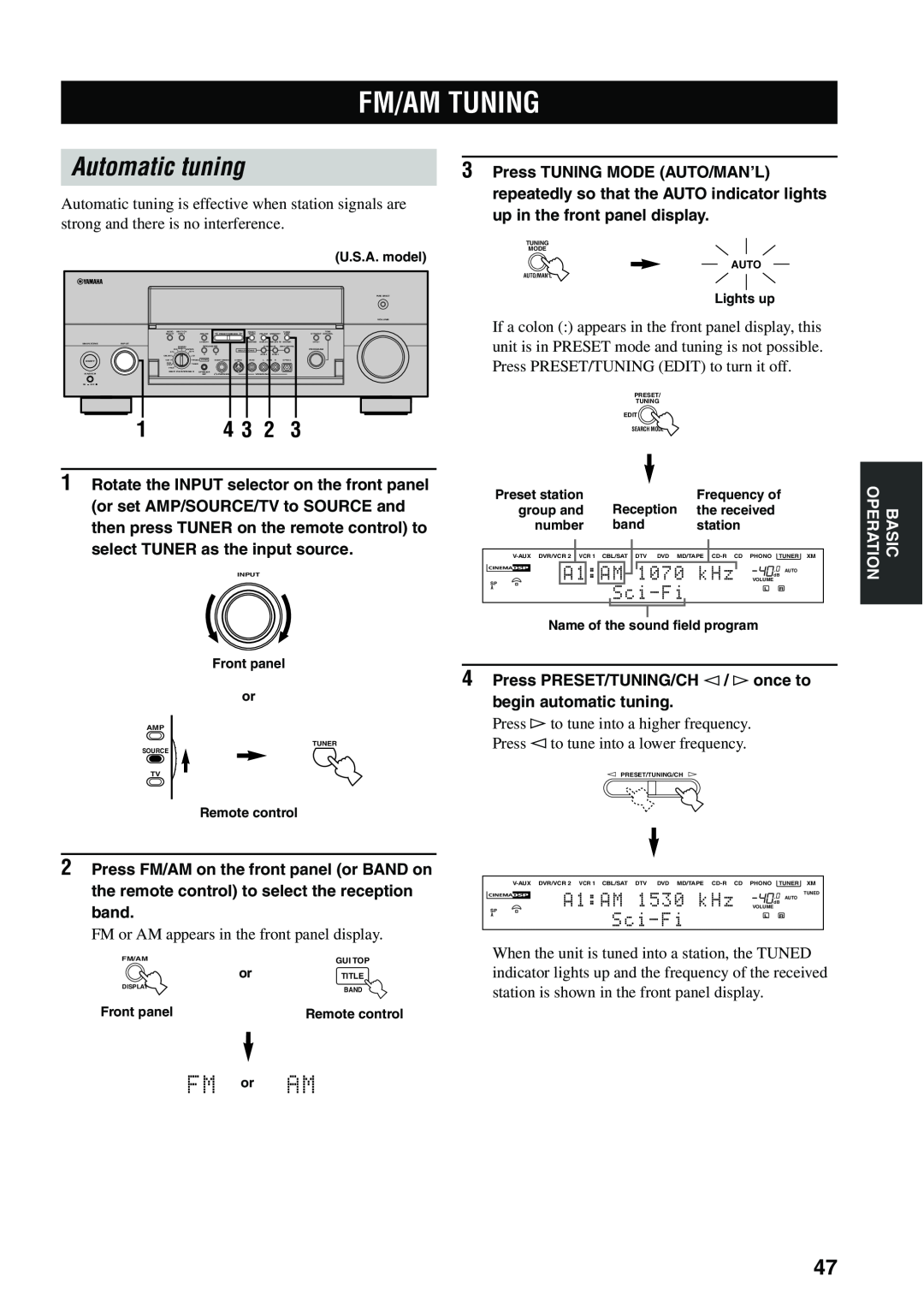 Yamaha X-V2600 owner manual Fm/Am Tuning, Automatic tuning, 1070, Sci-Fi, A1:AM 1530 kHz 