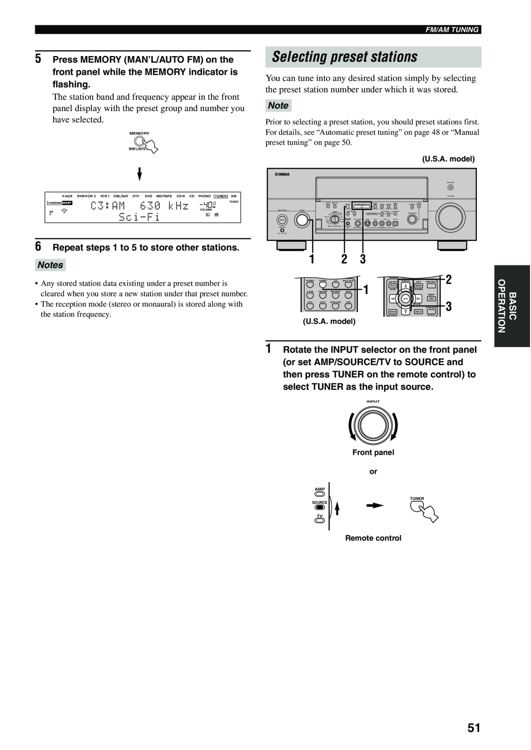 Yamaha X-V2600 owner manual Selecting preset stations, C3:AM, Sci-Fi, Notes 