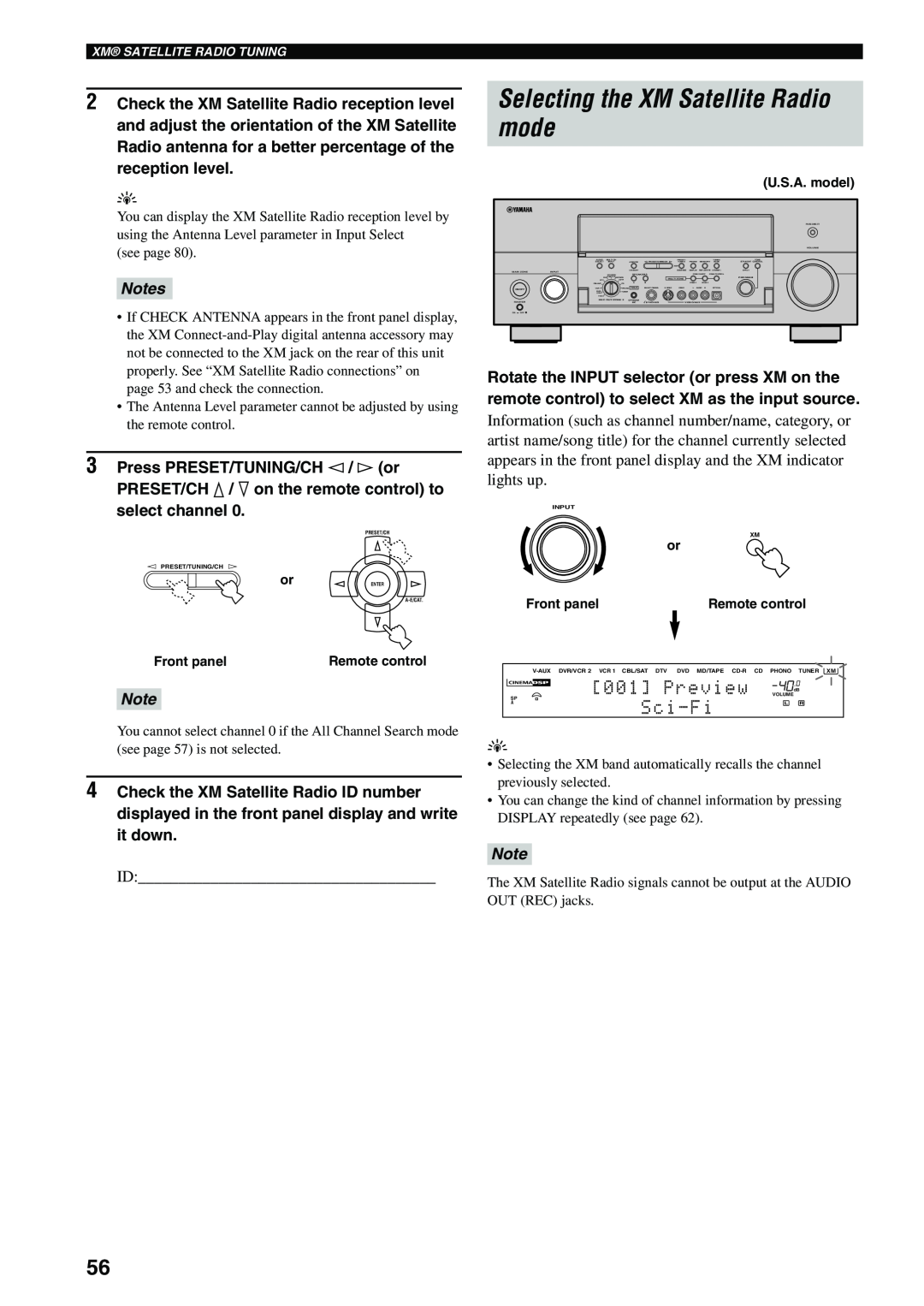 Yamaha X-V2600 owner manual Selecting the XM Satellite Radio mode, Preview, Sci-Fi, Notes 