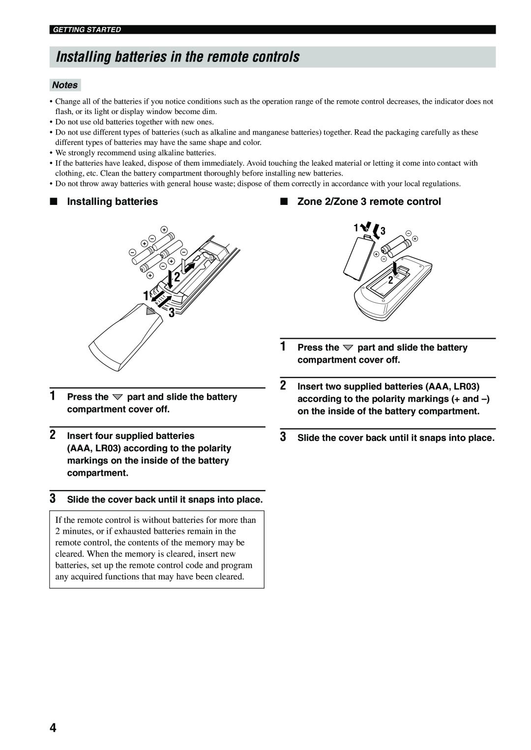 Yamaha X-V2600 owner manual Installing batteries in the remote controls, Zone 2/Zone 3 remote control, Notes 