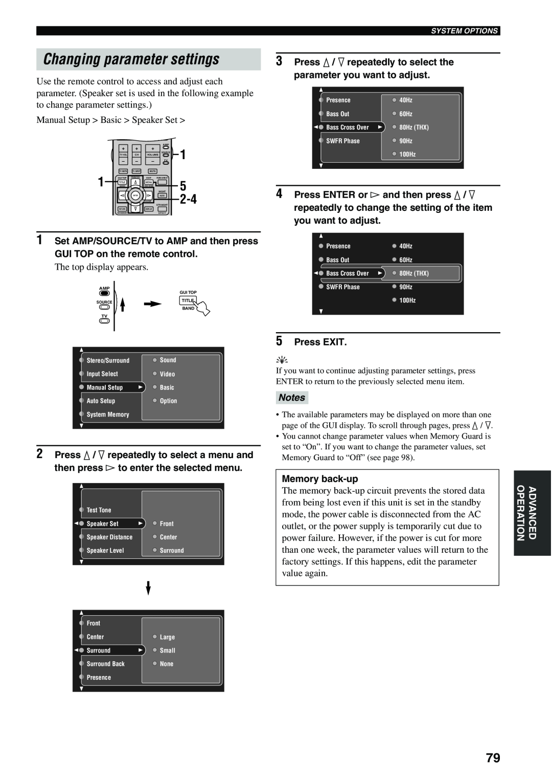 Yamaha X-V2600 owner manual Changing parameter settings, 5Press EXIT, Notes 