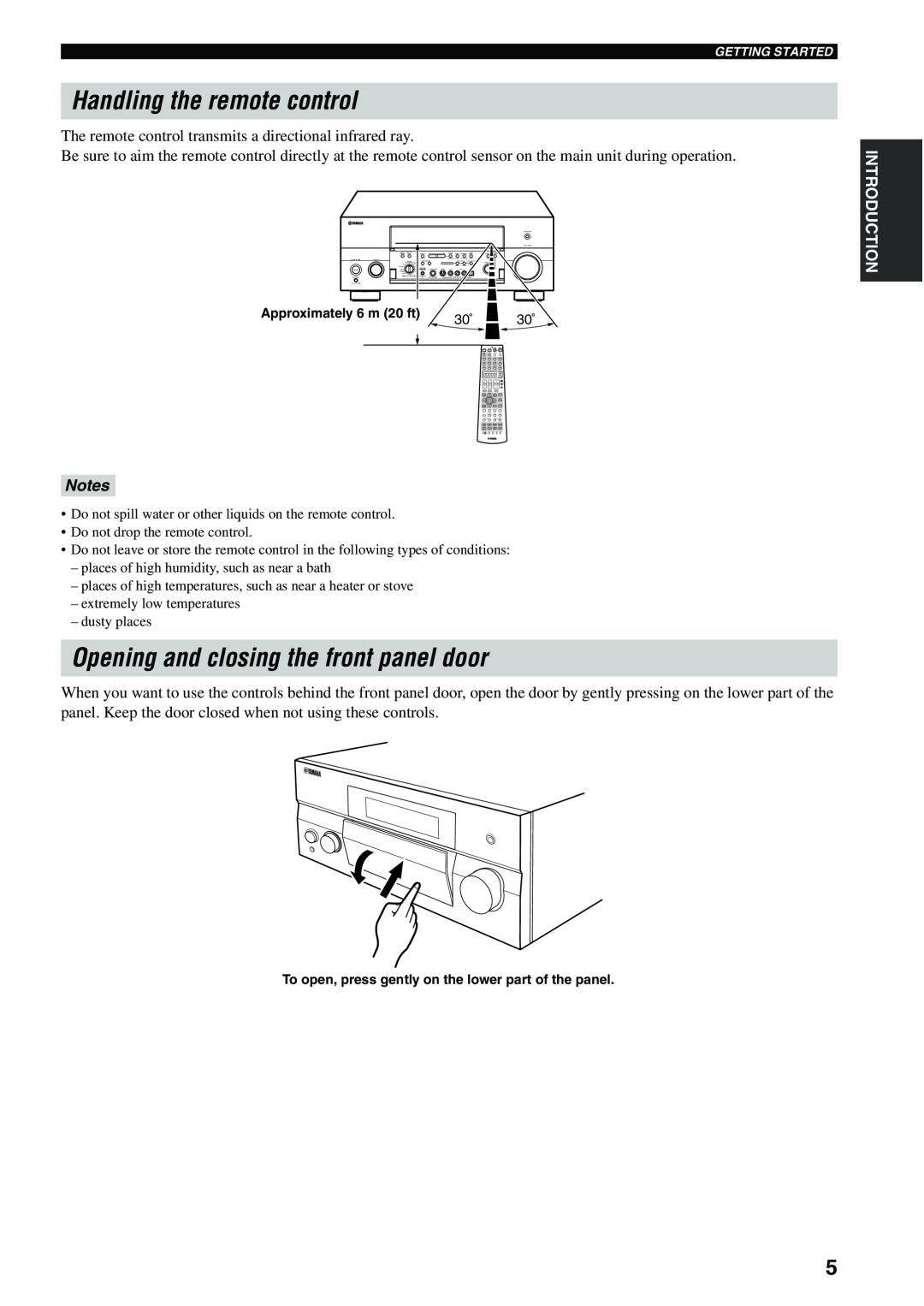 Yamaha X-V2600 owner manual Handling the remote control, Opening and closing the front panel door, Notes 