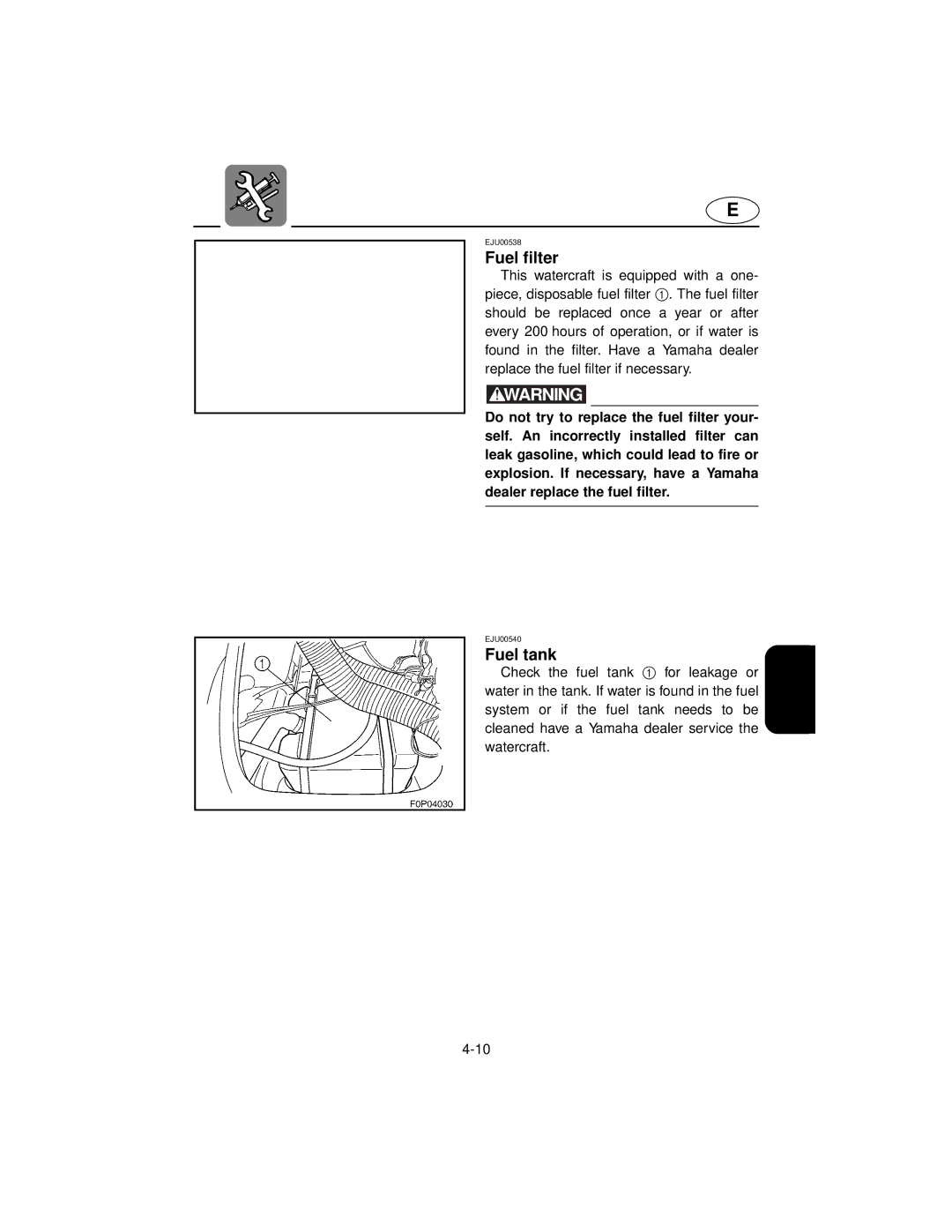 Yamaha XL800 manual Fuel filter, Fuel tank 