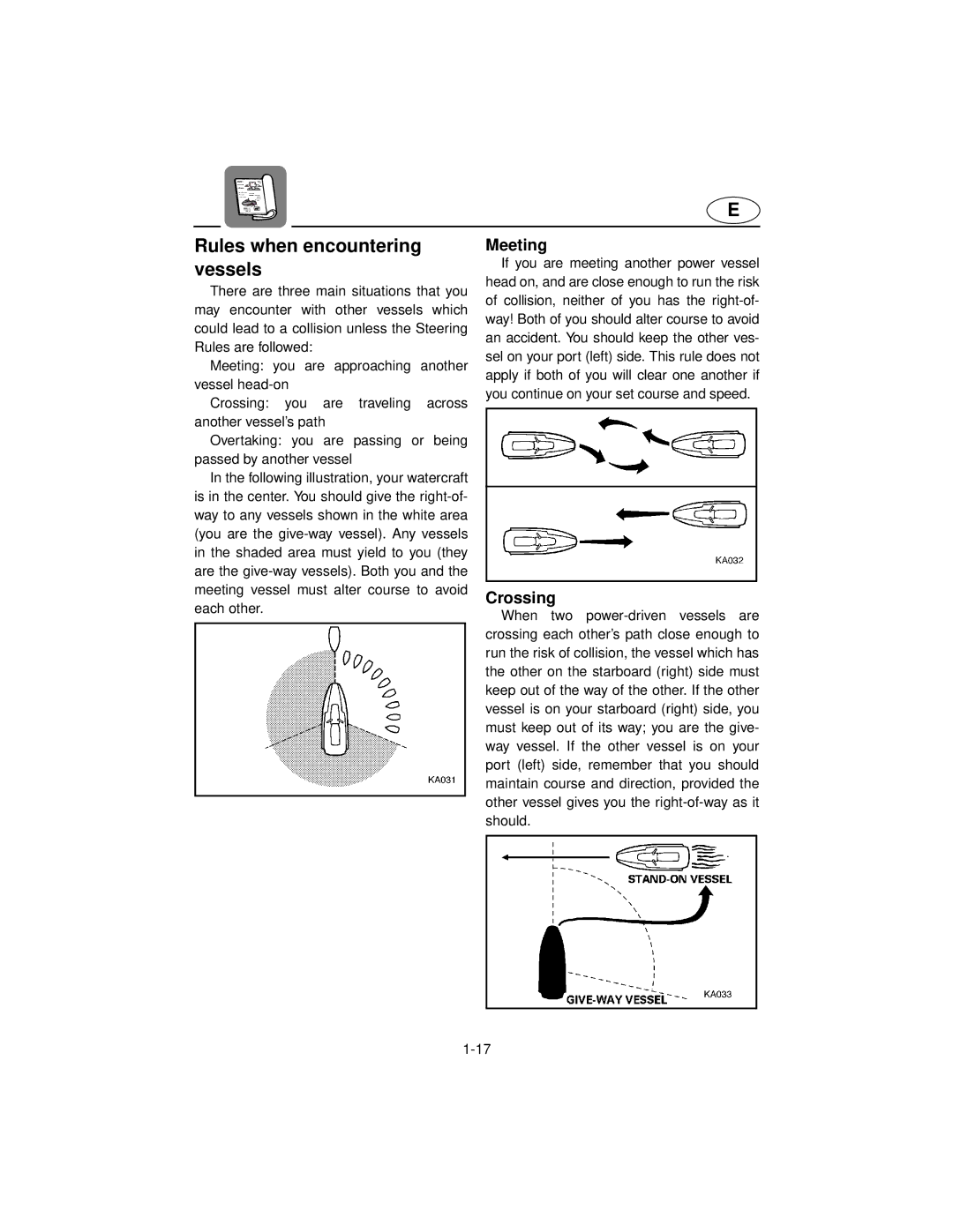 Yamaha XL800 manual Rules when encountering, Vessels, Meeting, Crossing 