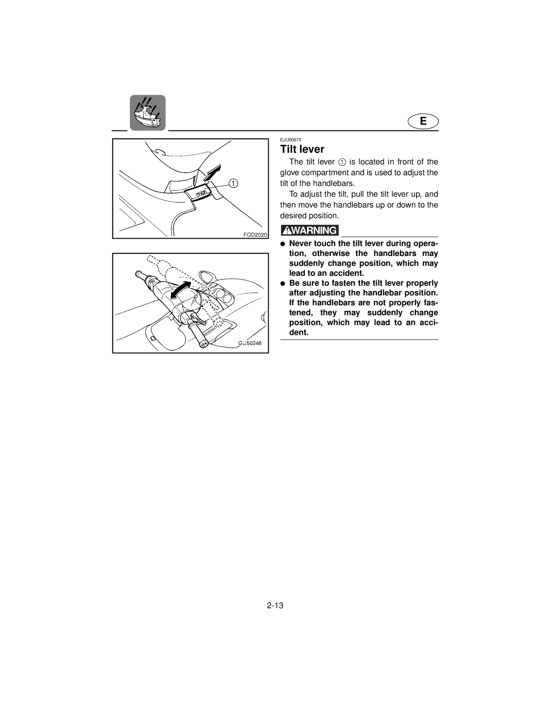 Yamaha XL800 manual Tilt lever 