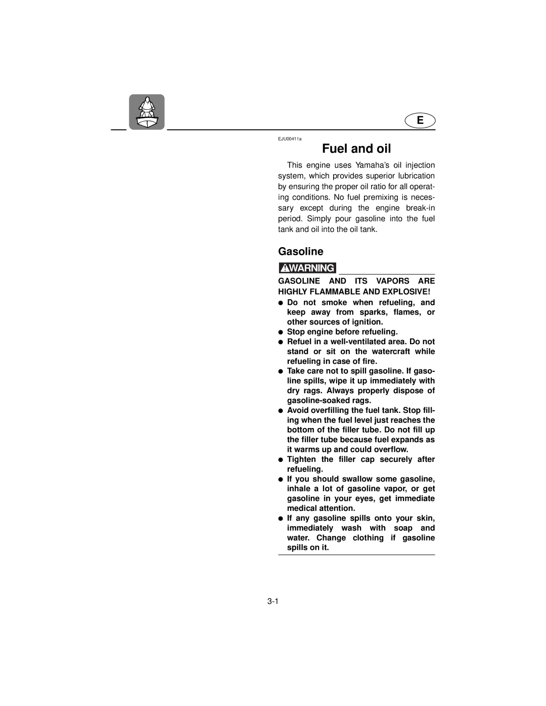 Yamaha XL800 manual Fuel and oil, Gasoline 