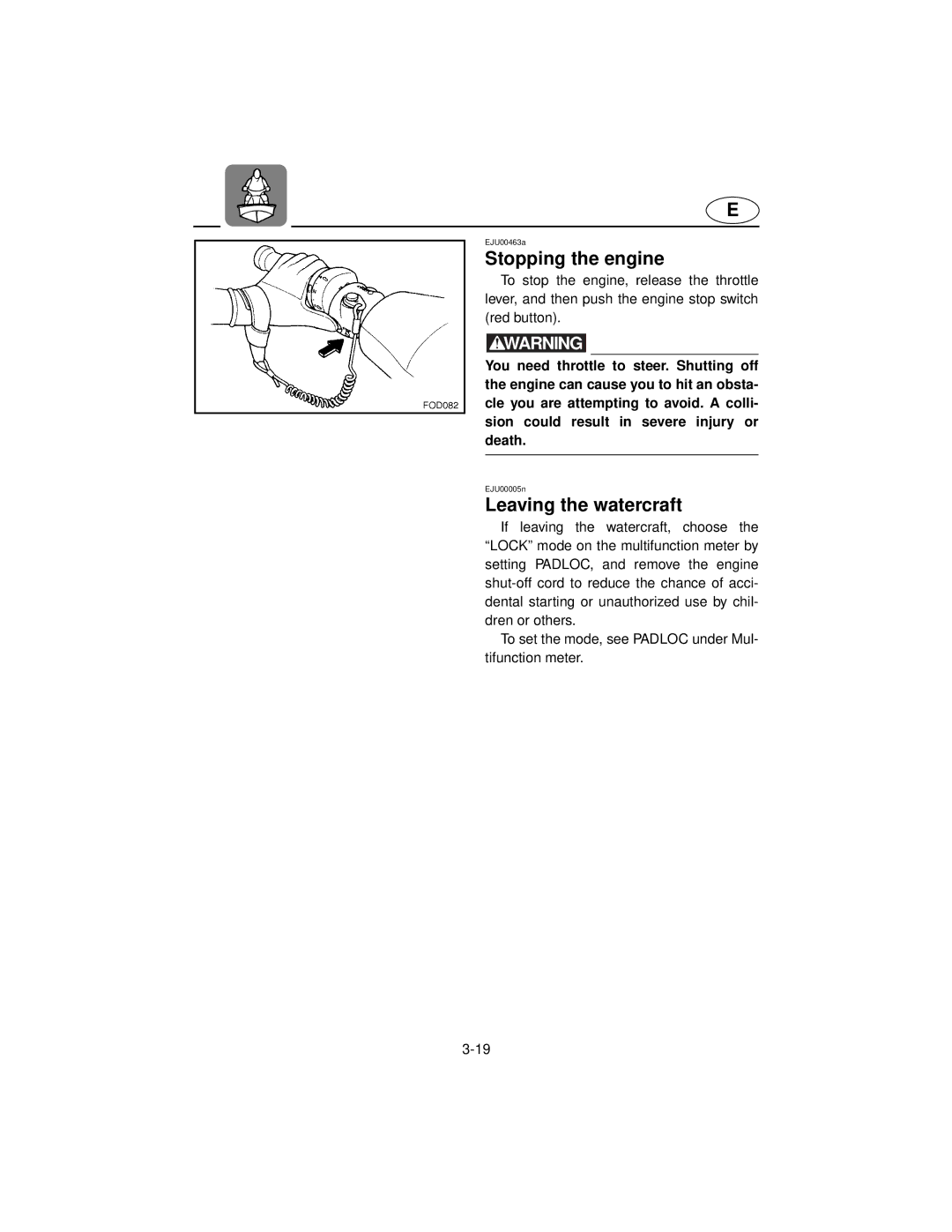 Yamaha XL800 manual Stopping the engine, Leaving the watercraft 