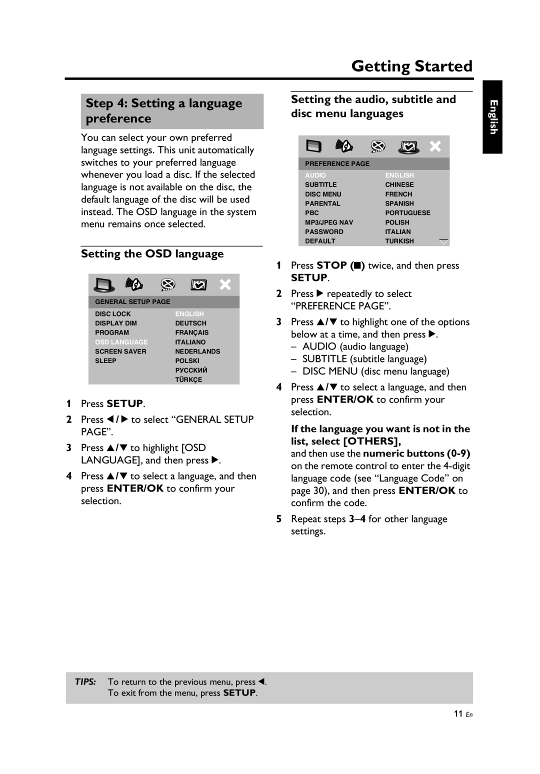 Yamaha DV-C6860, Yamaha DVD Changer Setting the audio, subtitle and disc menu languages, Setting the OSD language, Setup 