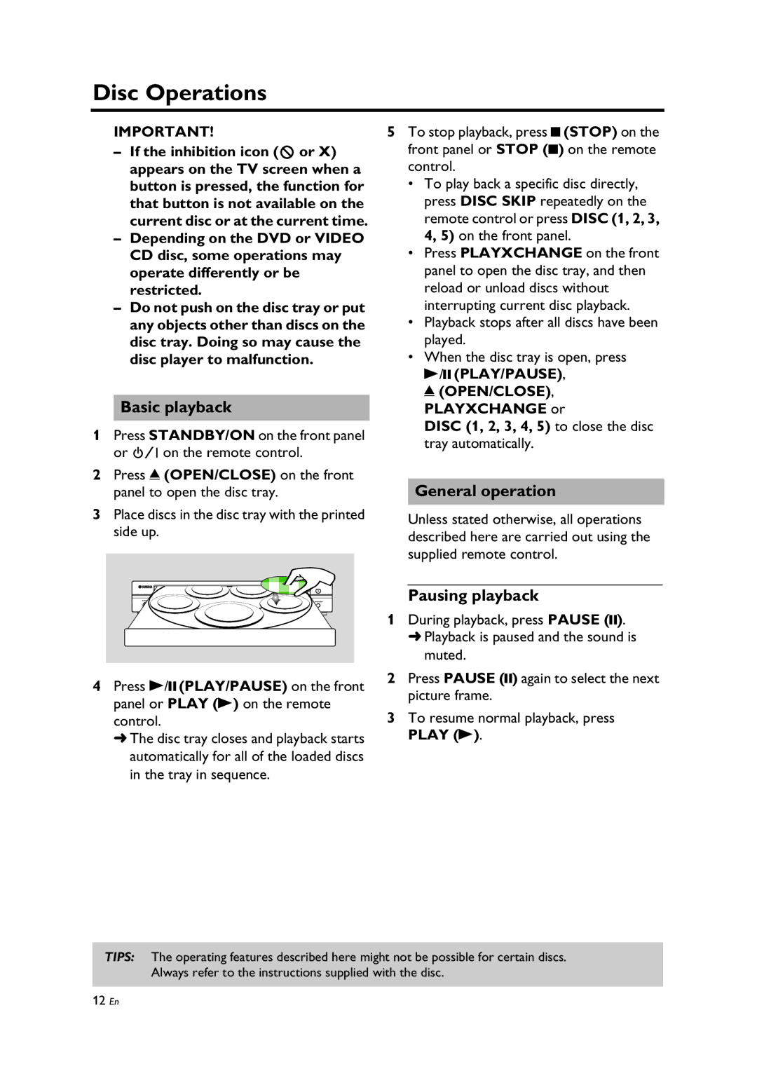 Yamaha Yamaha DVD Changer, DV-C6860 owner manual Disc Operations, Basic playback, General operation, Pausing playback 