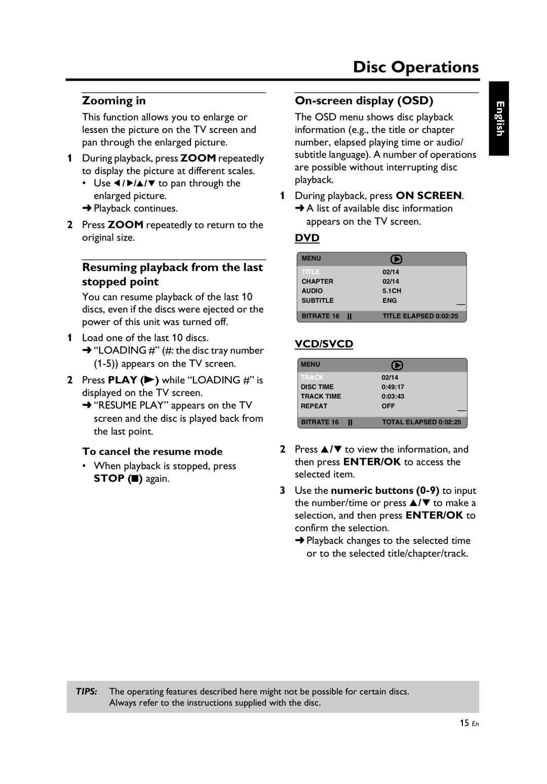 Yamaha DV-C6860 owner manual Zooming, Resuming playback from the last stopped point, On-screen display OSD, Dvd, Vcd/Svcd 