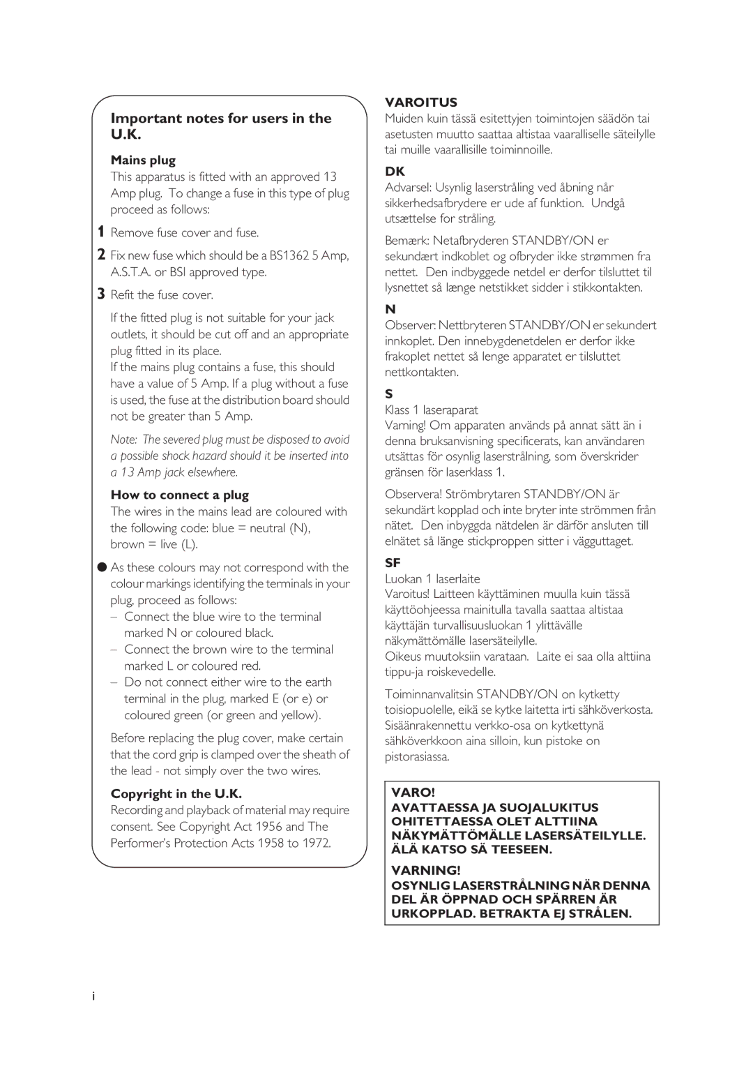 Yamaha Yamaha DVD Changer, DV-C6860 owner manual Important notes for users in the U.K, Varoitus, Varning 