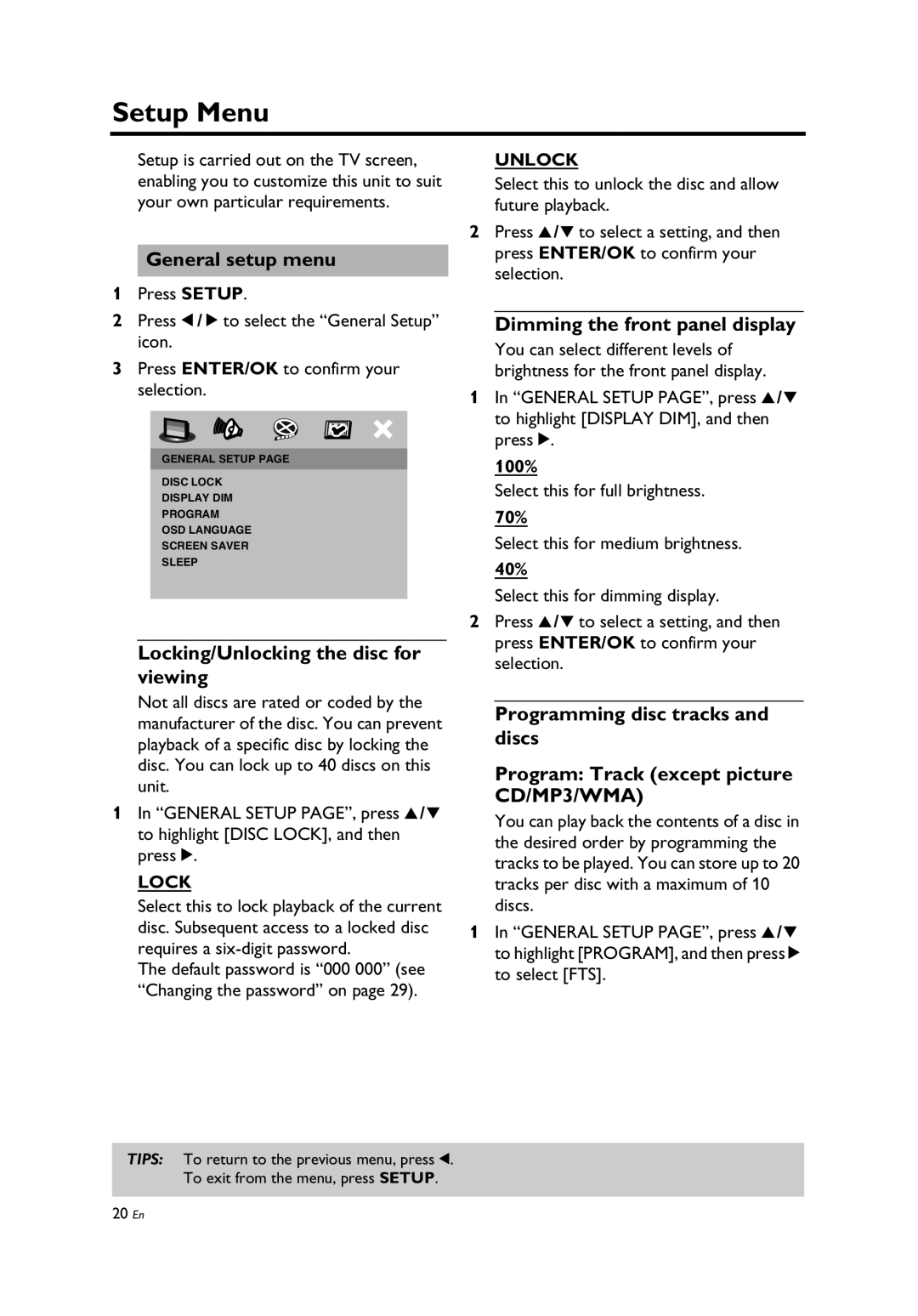 Yamaha Yamaha DVD Changer, DV-C6860 owner manual Setup Menu, General setup menu, Locking/Unlocking the disc for viewing 