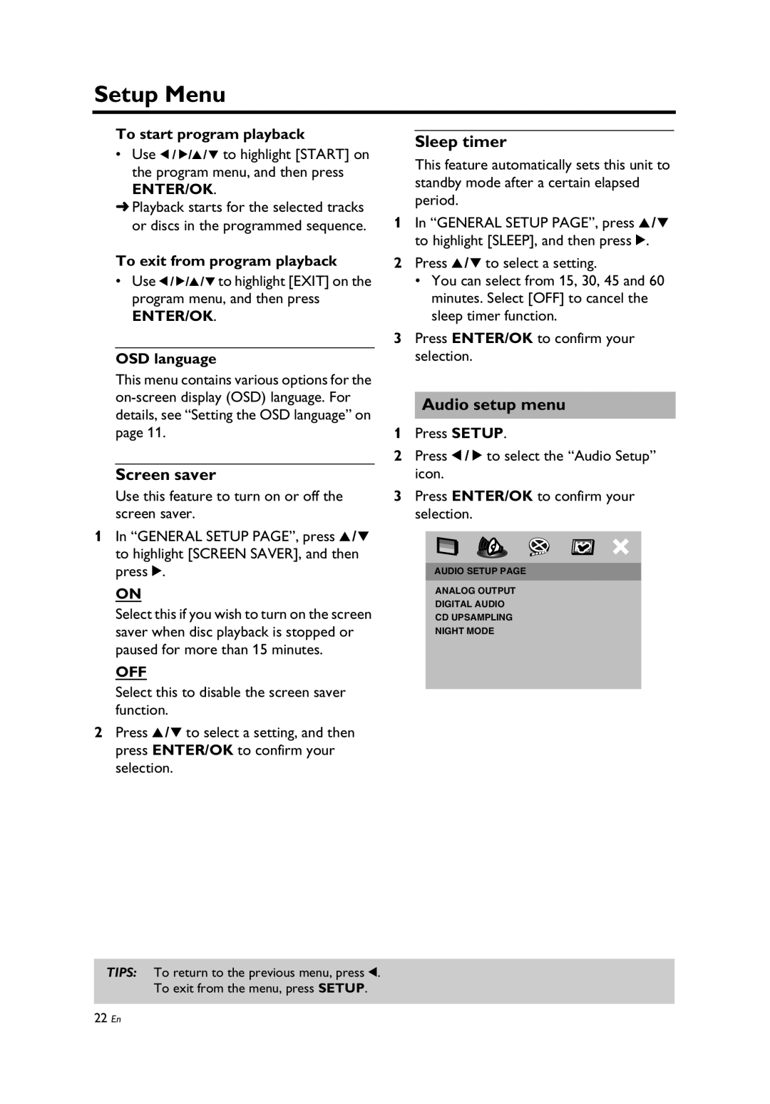 Yamaha Yamaha DVD Changer, DV-C6860 owner manual Screen saver, Sleep timer, Audio setup menu, Off 