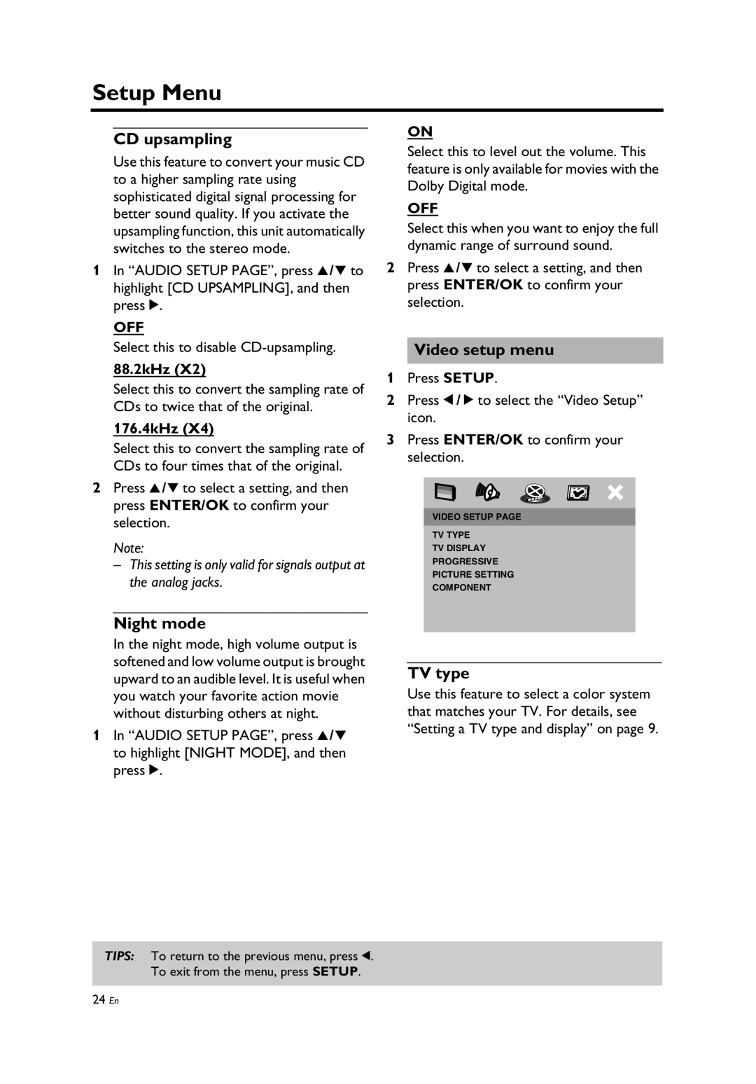 Yamaha Yamaha DVD Changer, DV-C6860 owner manual CD upsampling, Night mode, Video setup menu, TV type 