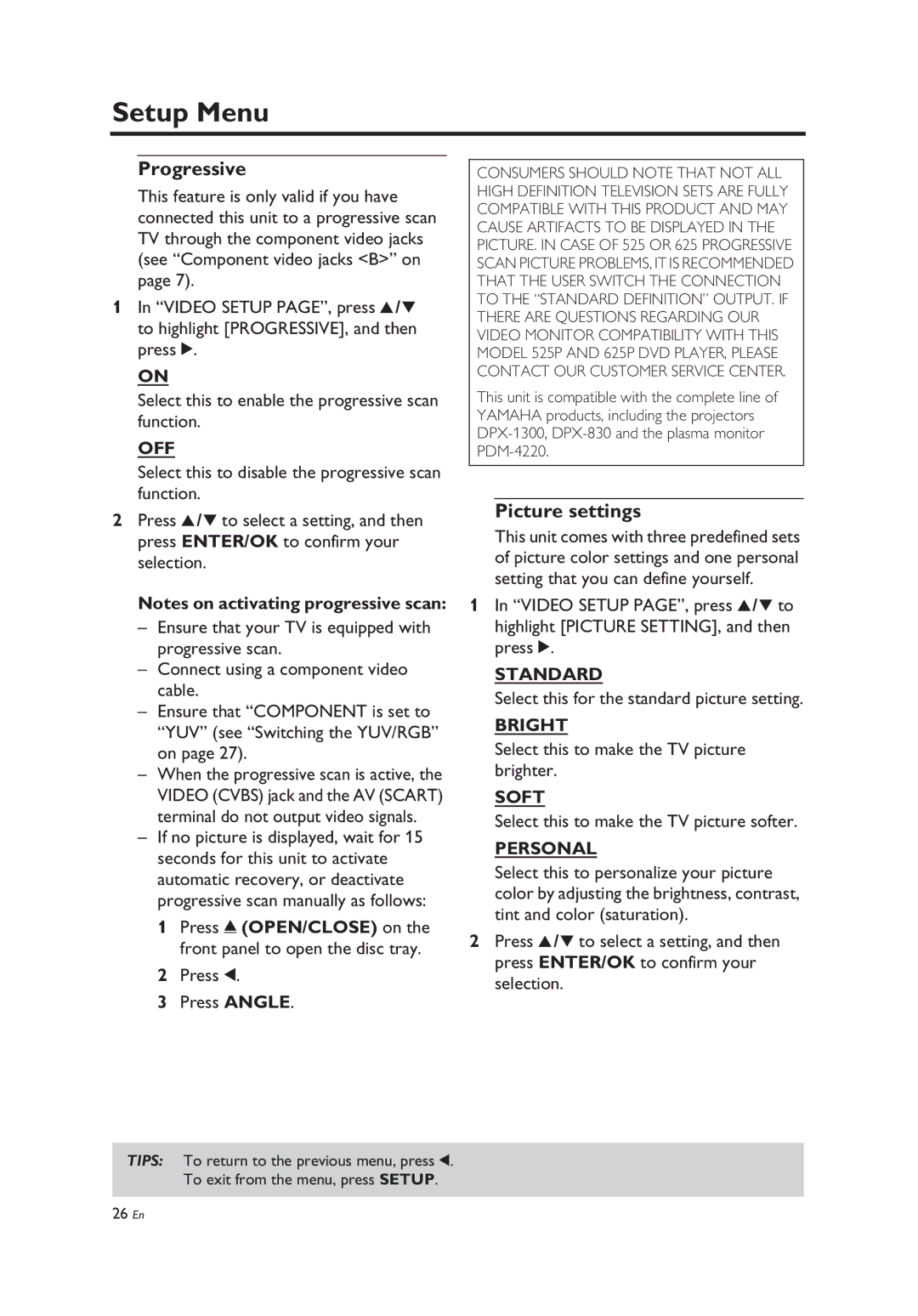 Yamaha Yamaha DVD Changer, DV-C6860 owner manual Progressive, Picture settings 