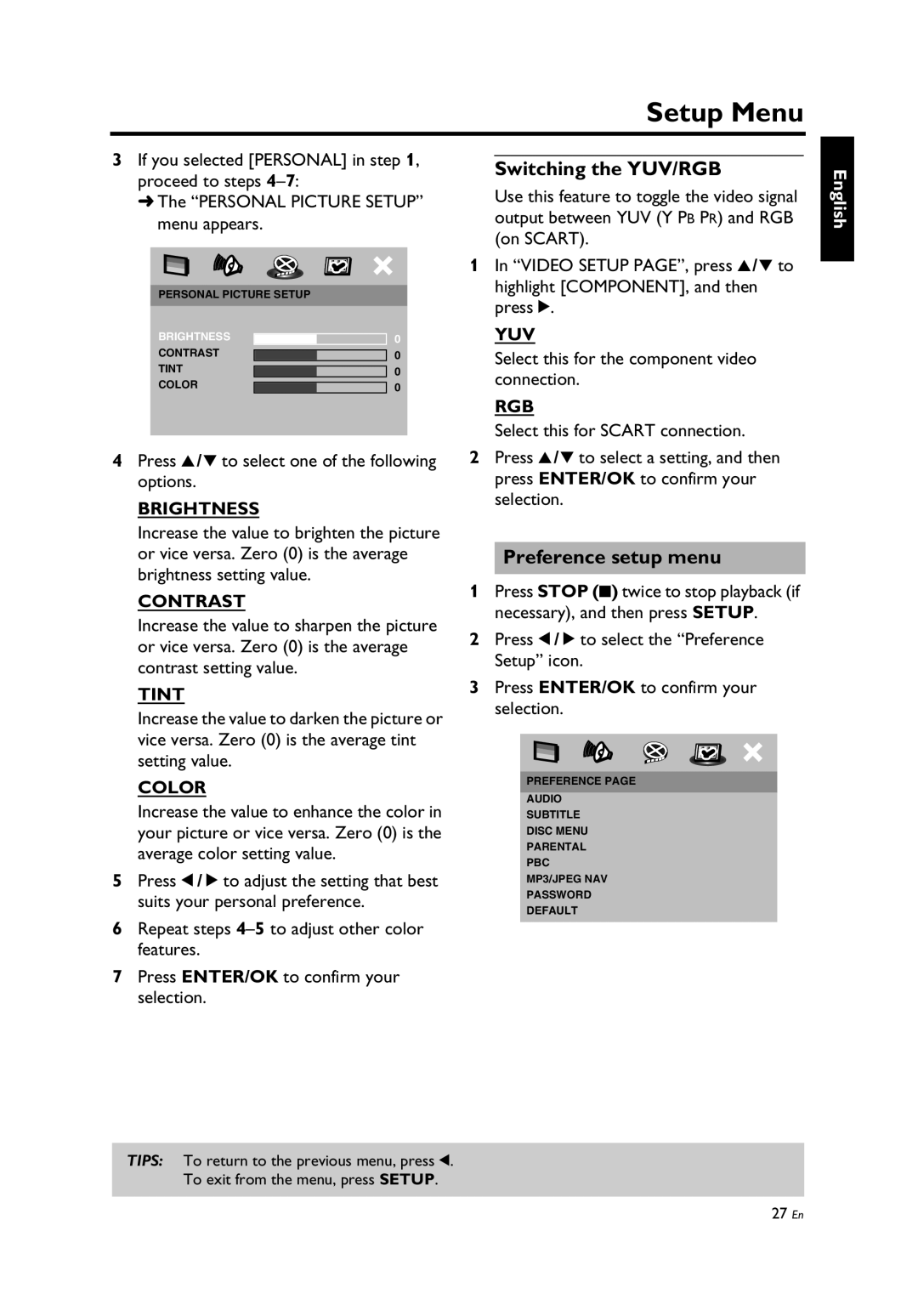 Yamaha DV-C6860, Yamaha DVD Changer owner manual Switching the YUV/RGB, Preference setup menu 