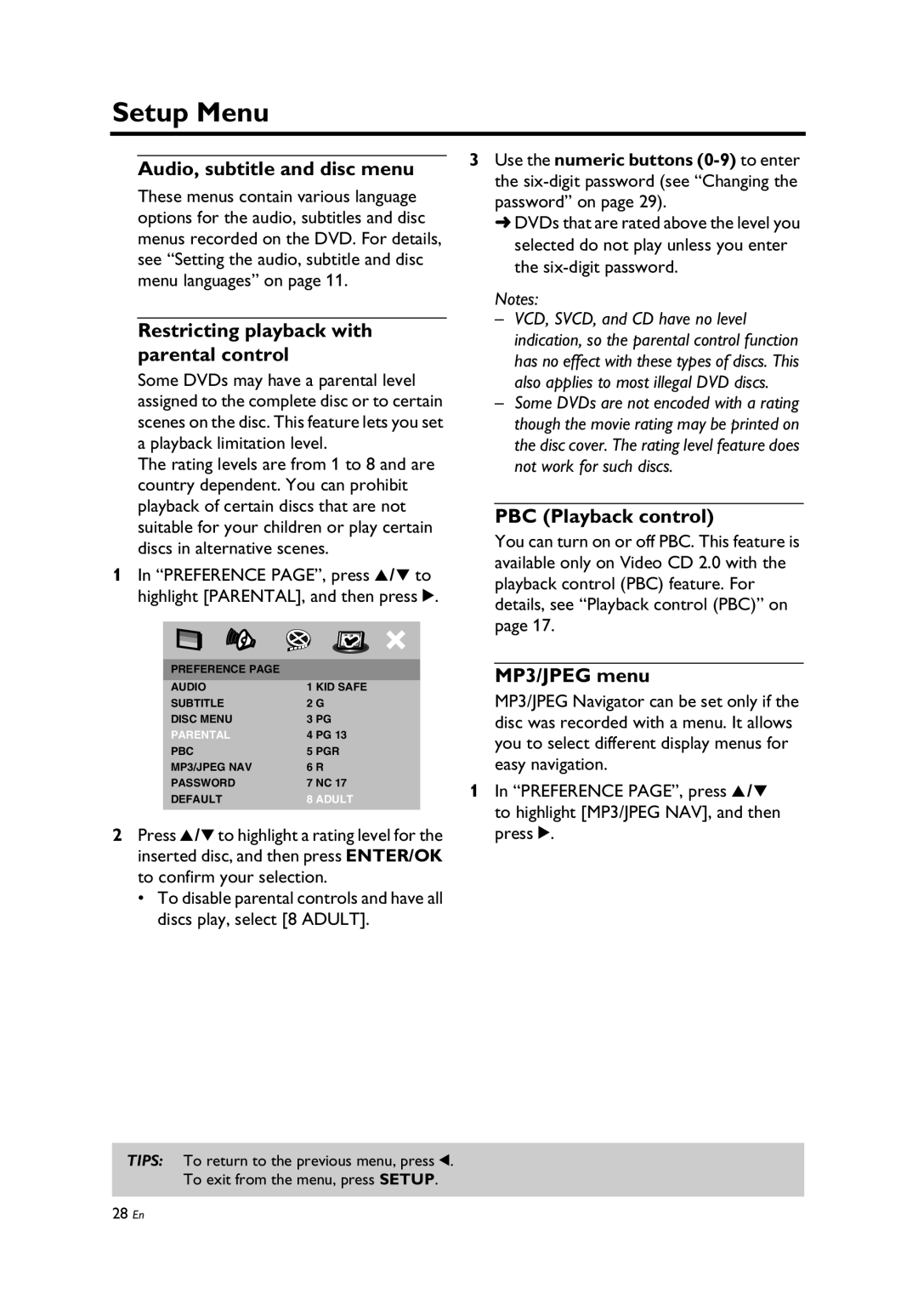 Yamaha Yamaha DVD Changer Audio, subtitle and disc menu, Restricting playback with parental control, PBC Playback control 