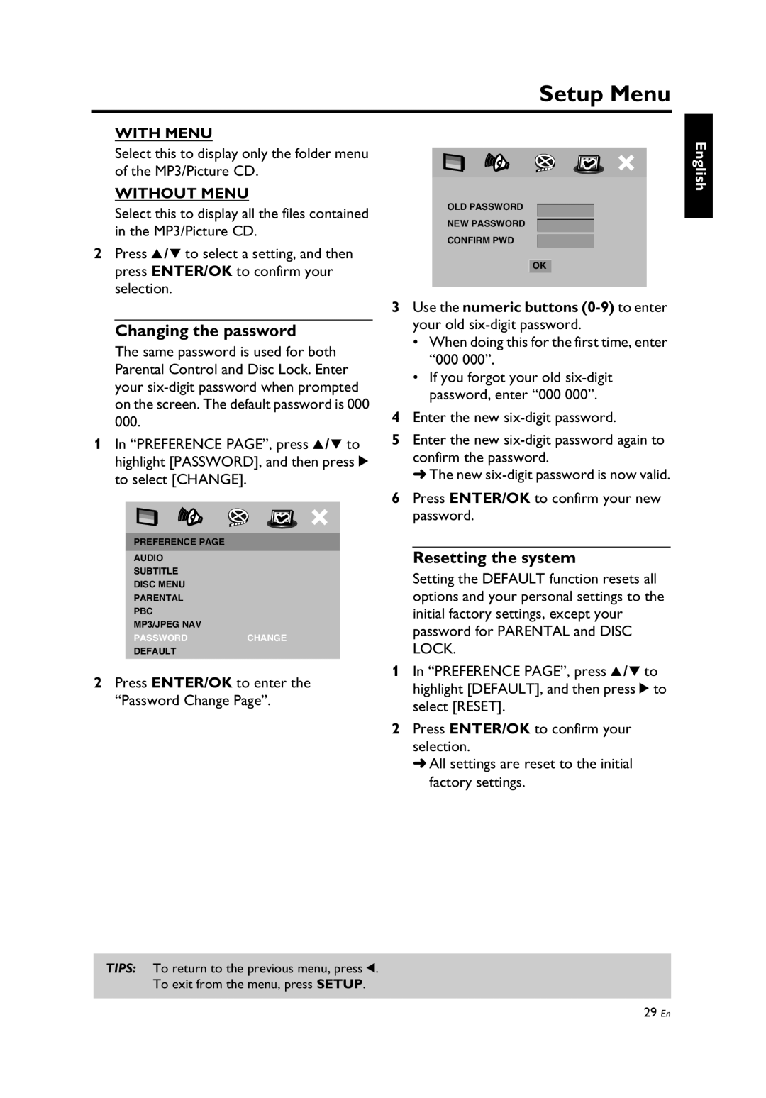 Yamaha DV-C6860, Yamaha DVD Changer owner manual Changing the password, Resetting the system, With Menu, Without Menu 