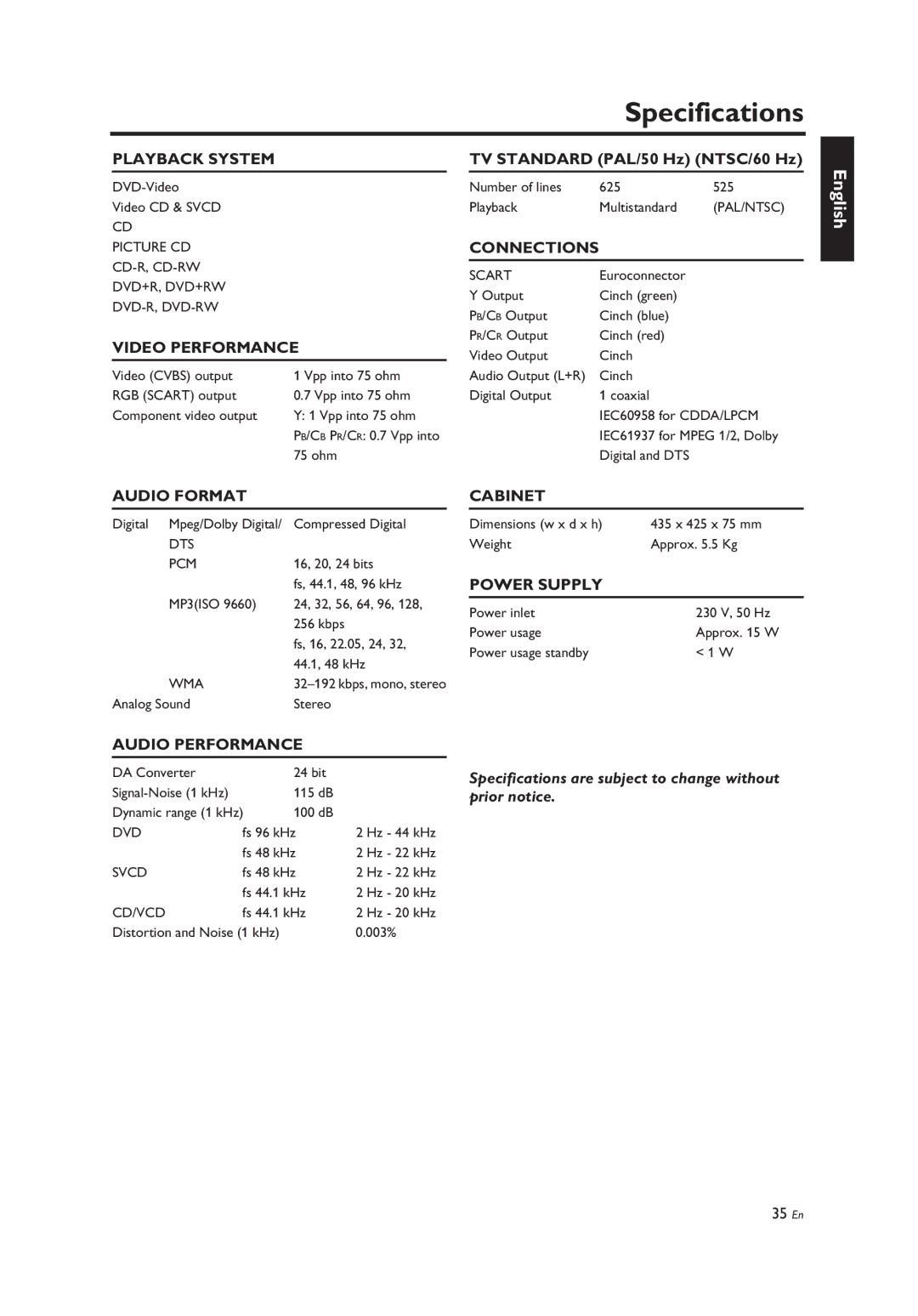 Yamaha DV-C6860, Yamaha DVD Changer owner manual Specifications 