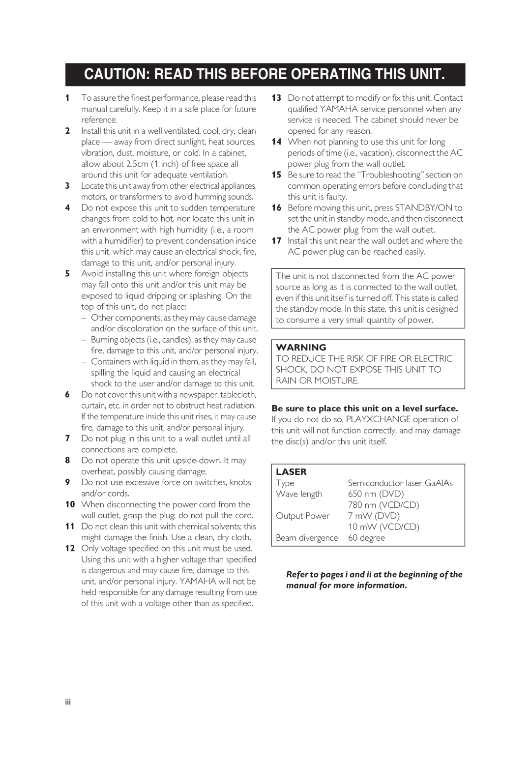 Yamaha Yamaha DVD Changer, DV-C6860 owner manual Do not use excessive force on switches, knobs and/or cords, Laser 