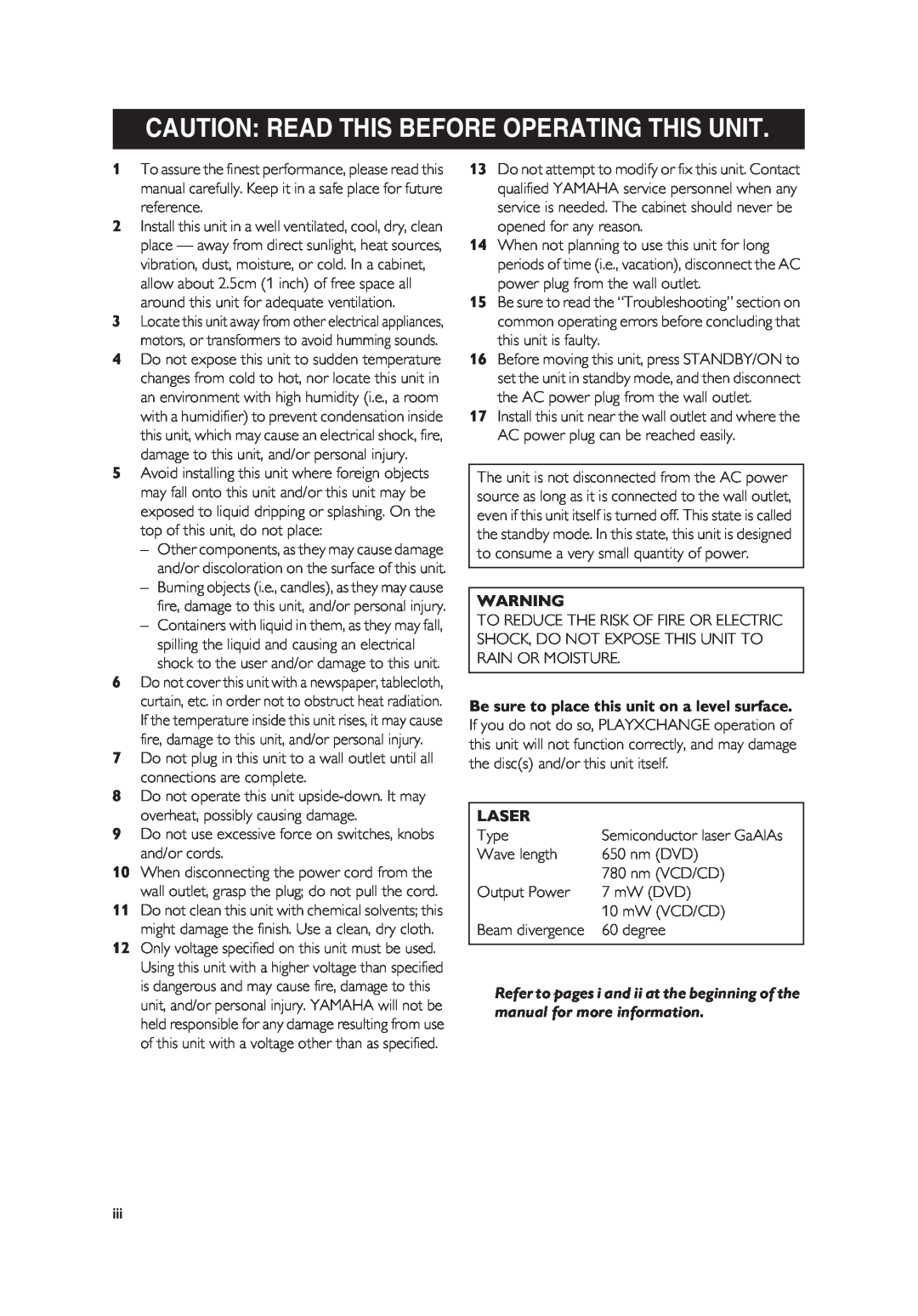 Yamaha Yamaha DVD Changer, DV-C6860 owner manual Caution Read This Before Operating This Unit, Laser 