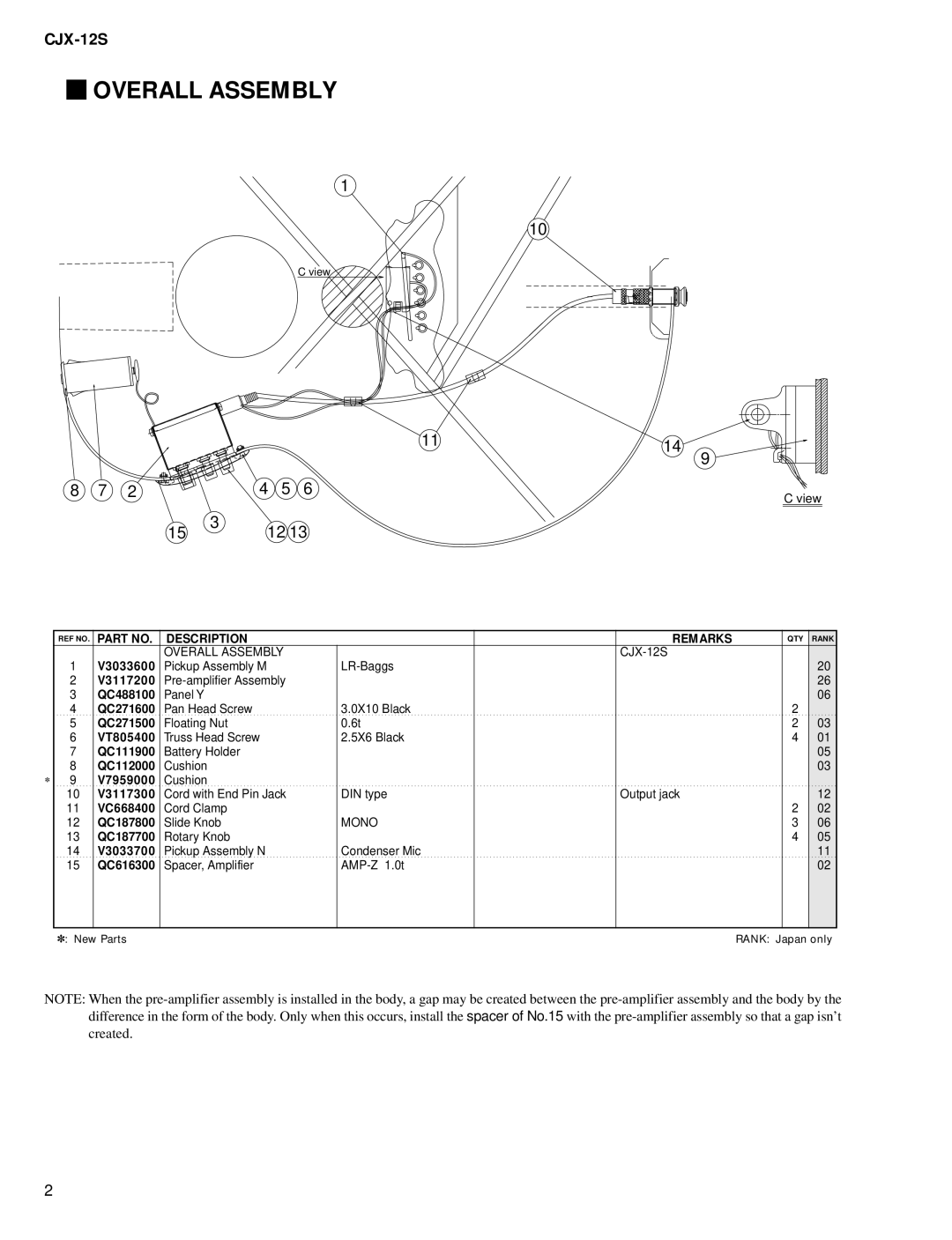 Yamaha CJX-12S, Yamaha Electric Acoustic Guitar service manual Overall Assembly, Description Remarks 