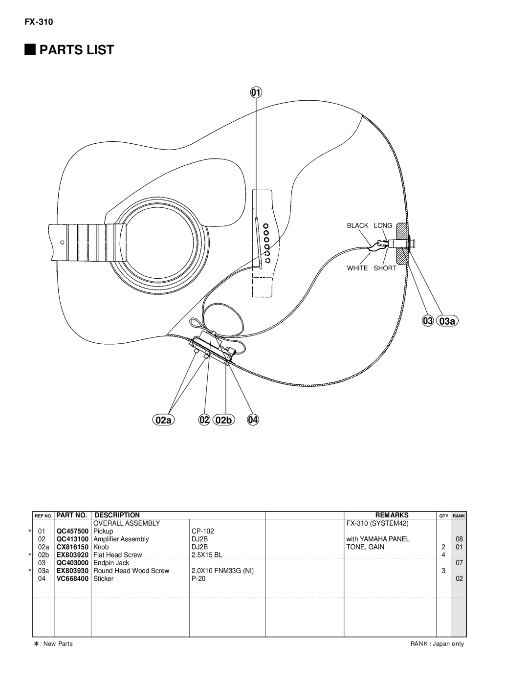 Yamaha FX-310, Yamaha Electric Acoustic Guitar (with Pickup) service manual Parts List, 03 03a 02a 02b, Description Remarks 