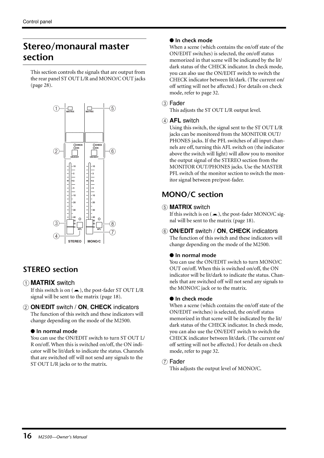 Yamaha Yamaha Mixing Consol, M2500 Stereo/monaural master section, Stereo section, MONO/C section, Matrix switch 