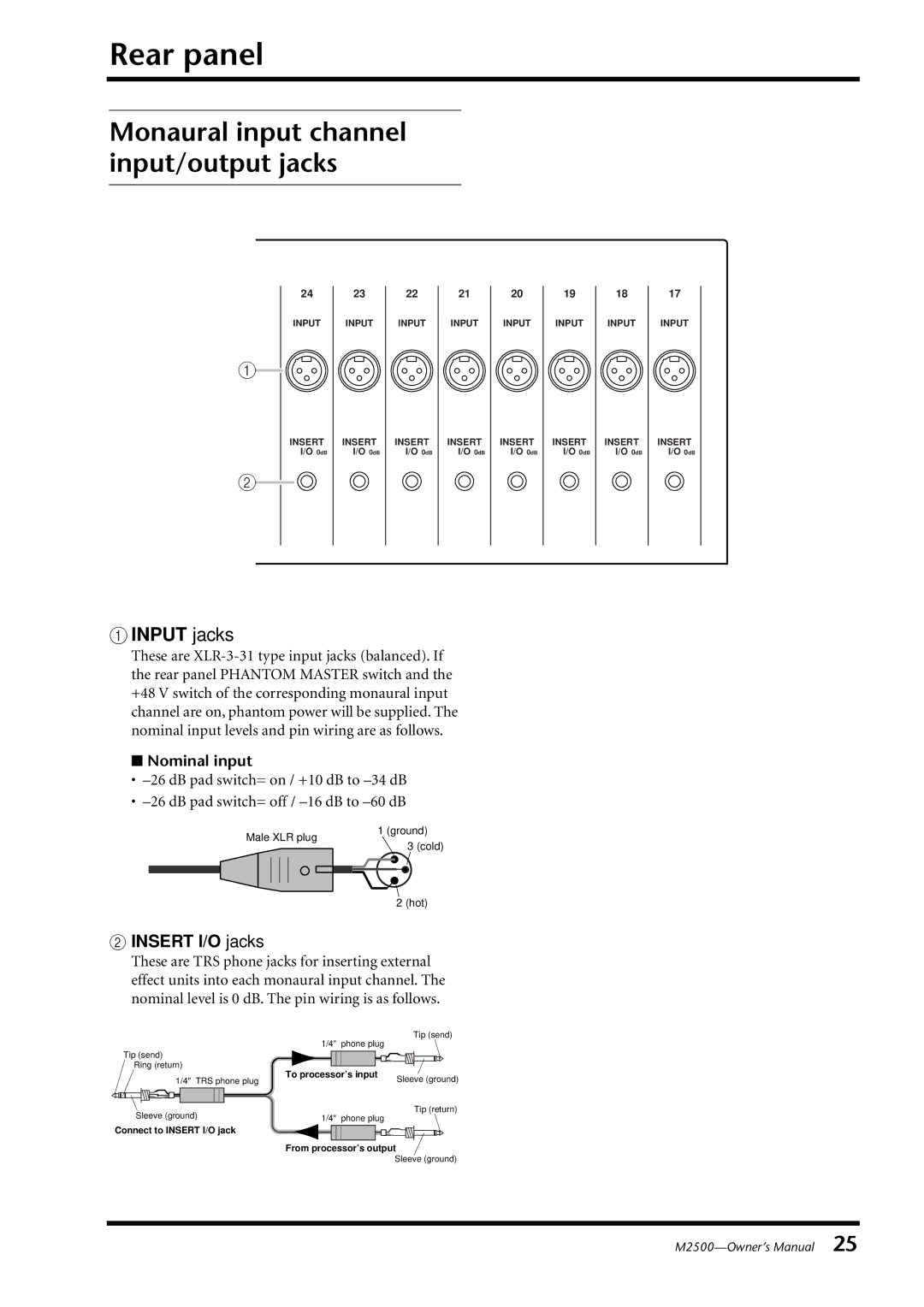 Yamaha M2500, Yamaha Mixing Consol owner manual Rear panel, Insert I/O jacks, Nominal input 