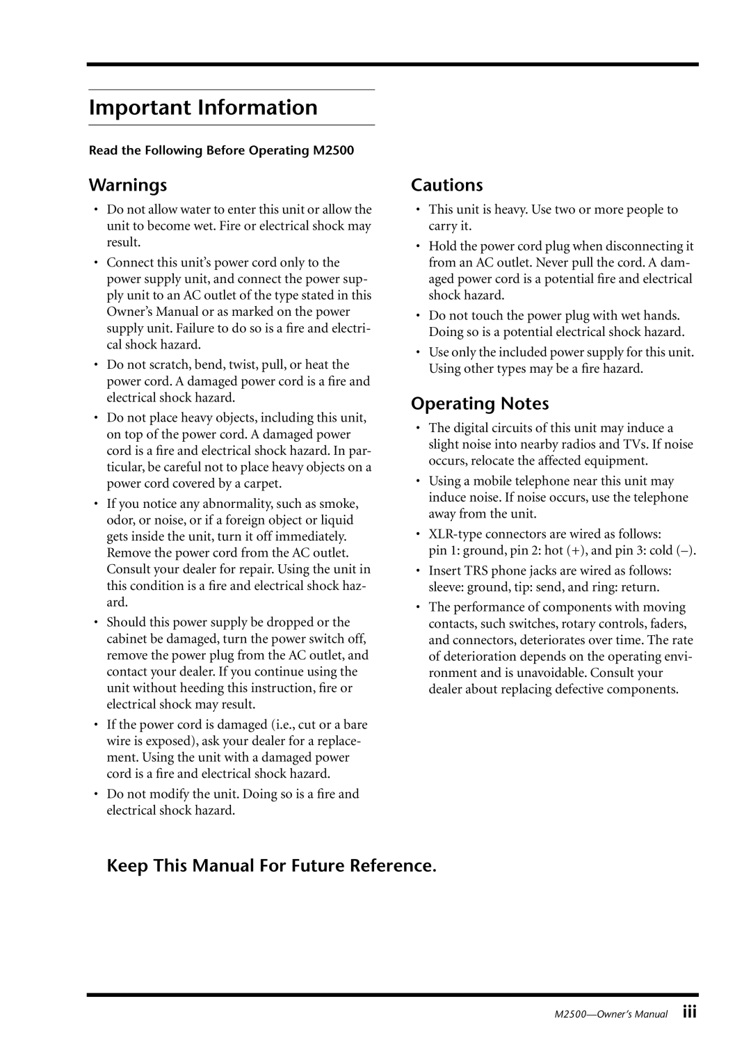Yamaha M2500, Yamaha Mixing Consol Important Information, Operating Notes, Keep This Manual For Future Reference 