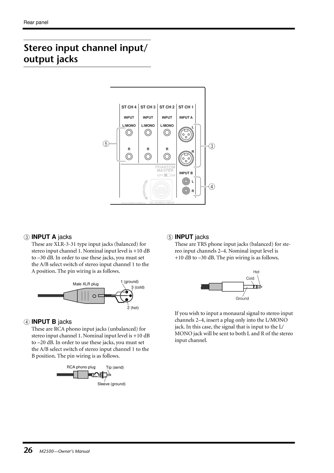 Yamaha Yamaha Mixing Consol, M2500 Stereo input channel input/ output jacks, Input a jacks Input jacks, Input B jacks 