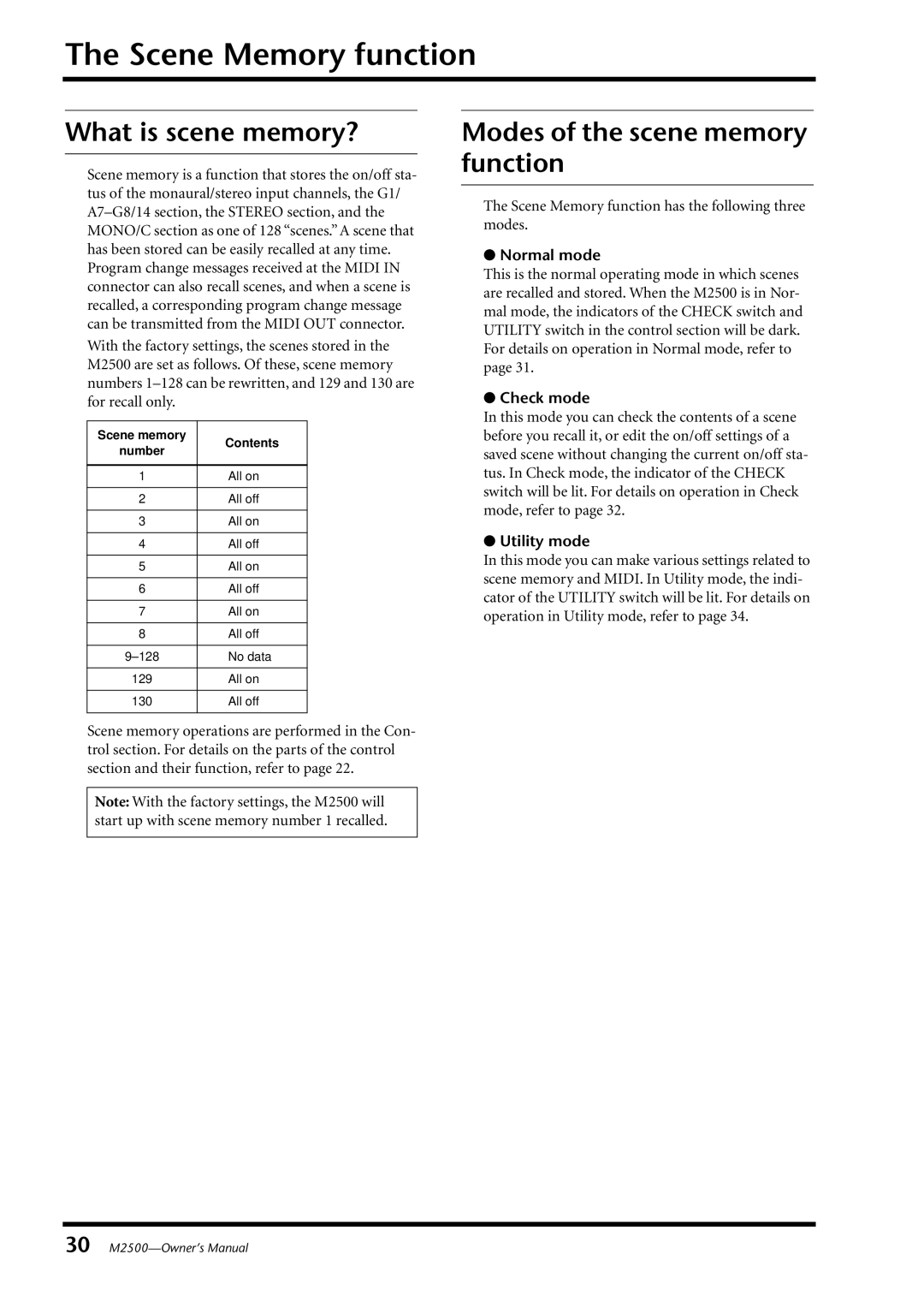 Yamaha Yamaha Mixing Consol, M2500 Scene Memory function, What is scene memory?, Modes of the scene memory function 